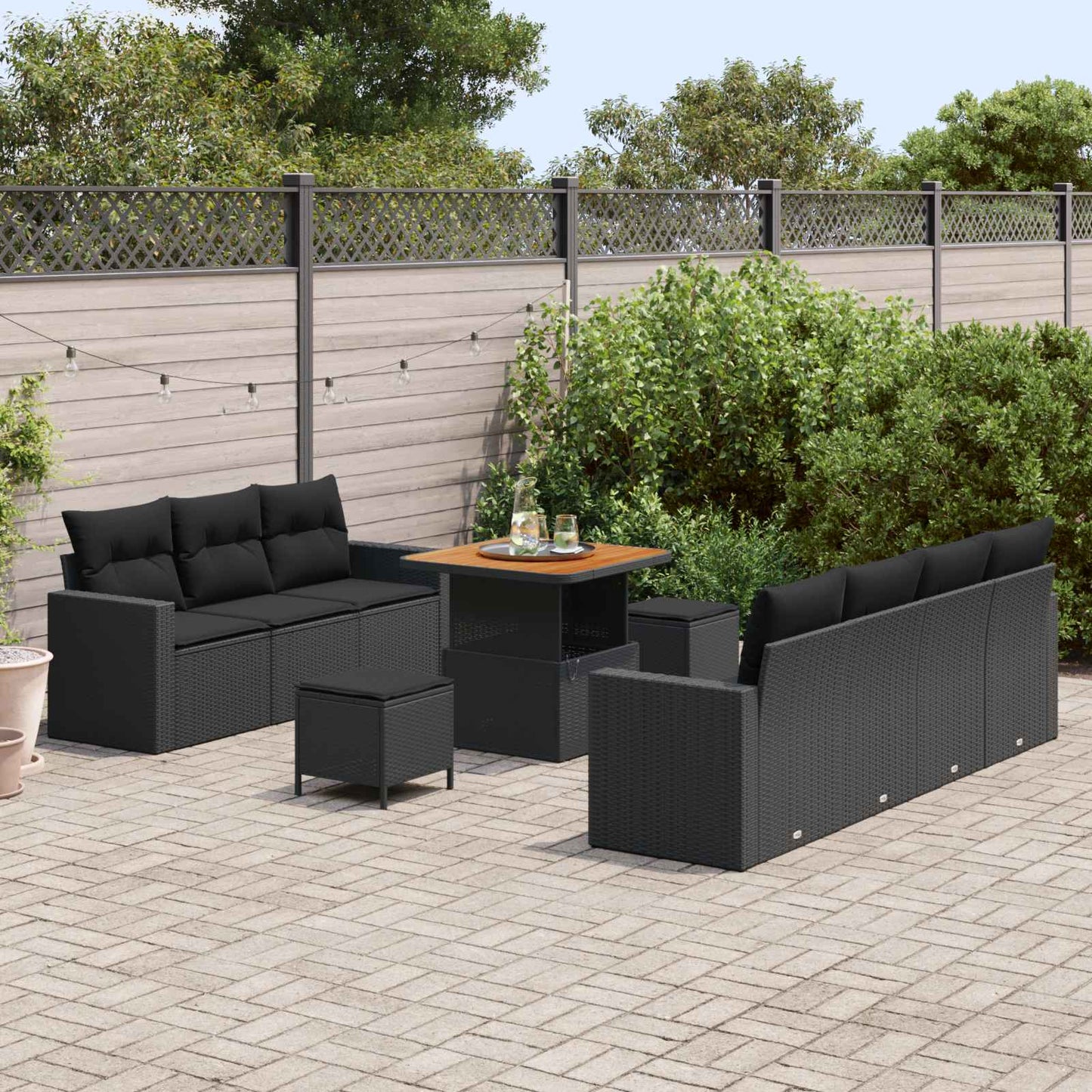 Havesofa Sæt 10 pcs Sort Polyrattan og pulverlakeret stål
