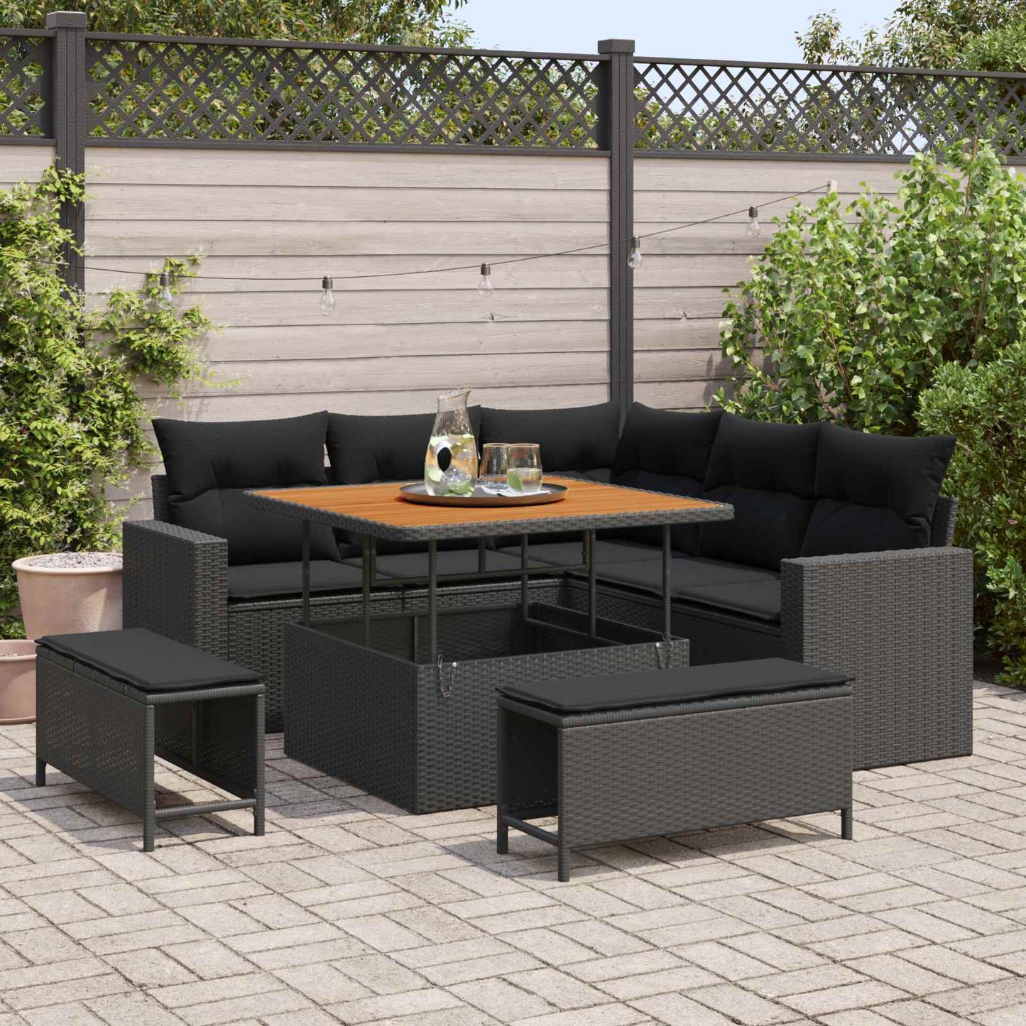 Havesofa Sæt med pude 9 pcs Sort polyrattan