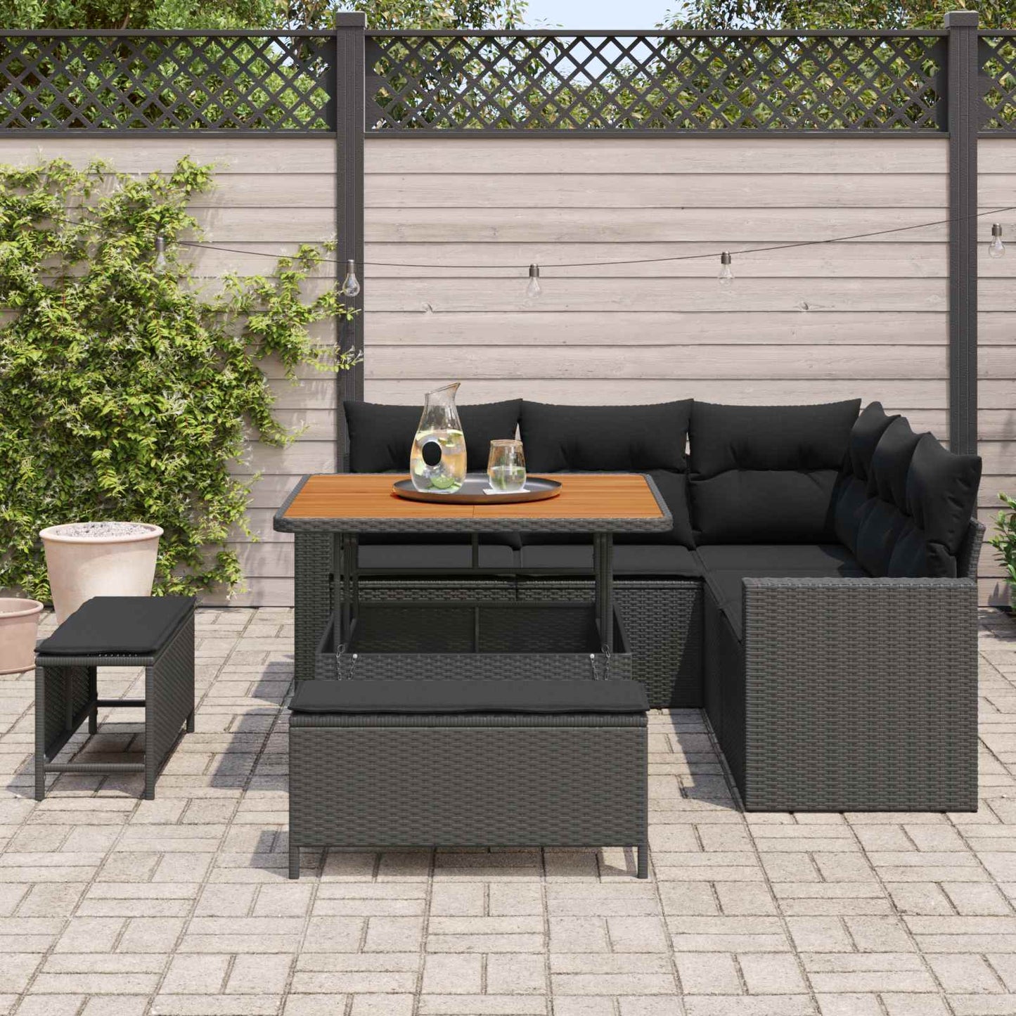 Havesofa Sæt med pude 9 pcs Sort polyrattan