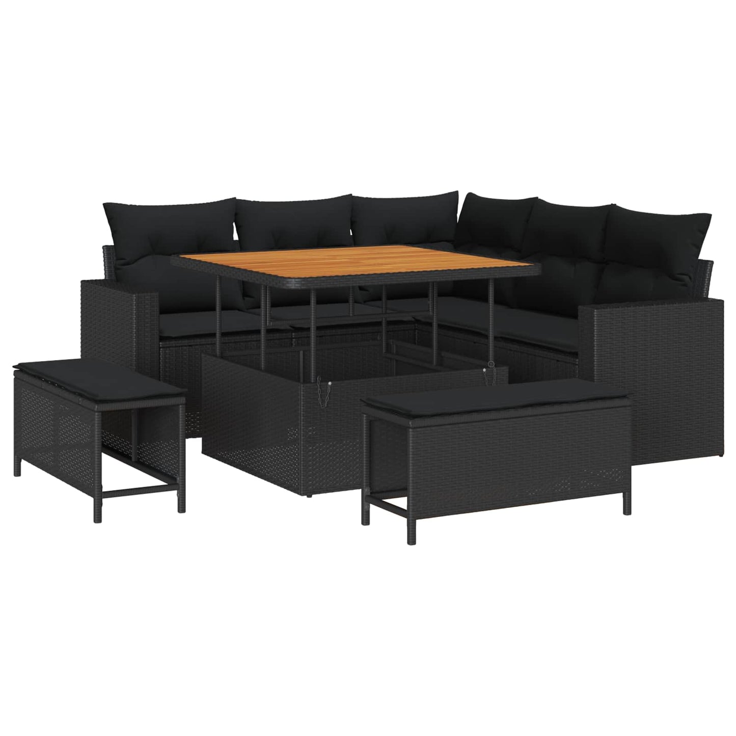 Havesofa Sæt med pude 9 pcs Sort polyrattan