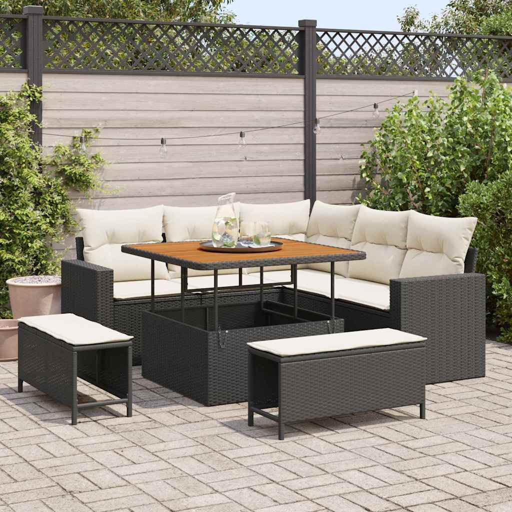 Havesofa Sæt med pude 9 pcs Sort og Cream polyrattan