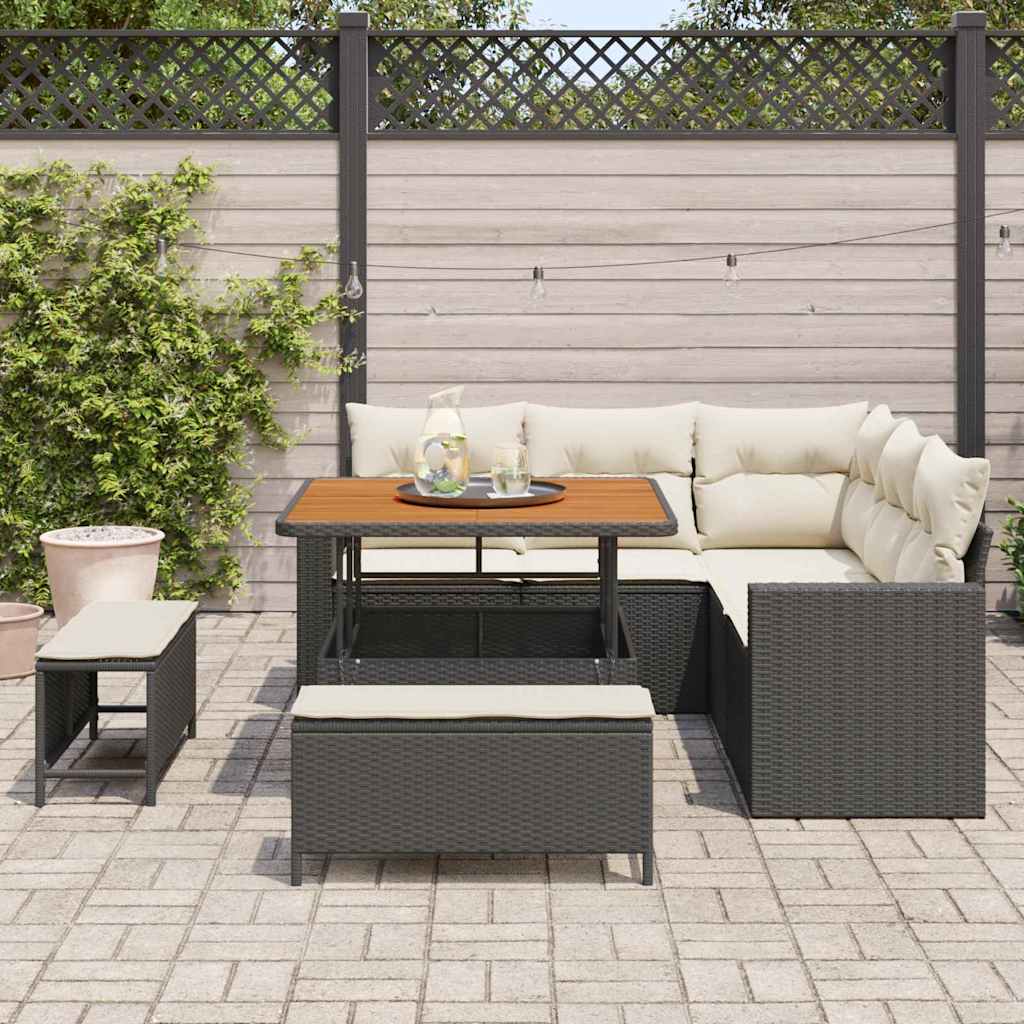Havesofa Sæt med pude 9 pcs Sort og Cream polyrattan