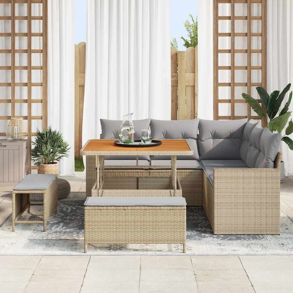 Havesofa Sæt med pude 9 pcs Beige og lys grå polyrattan