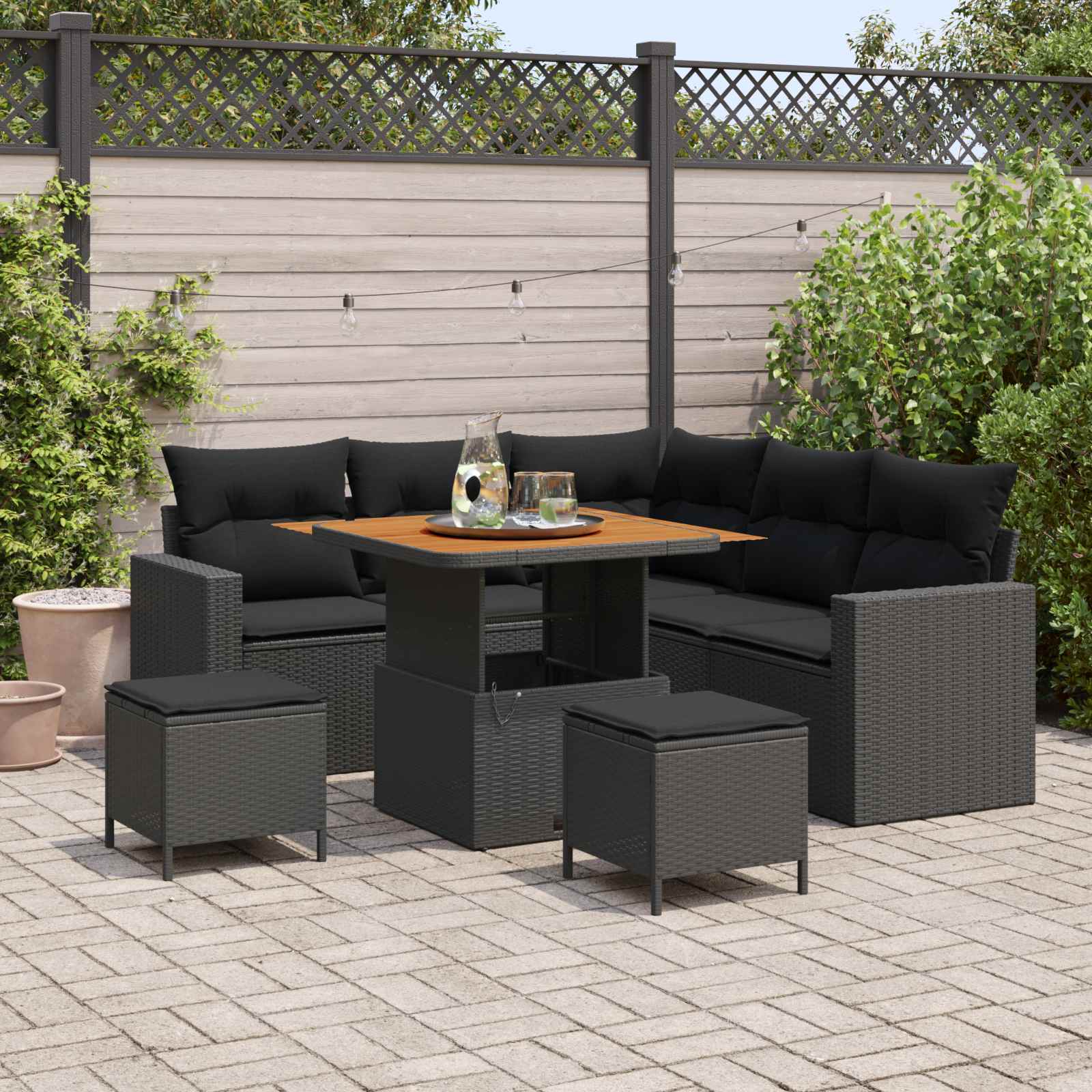 Havesofa sæt med puder - 9 dele i sort polyrattan