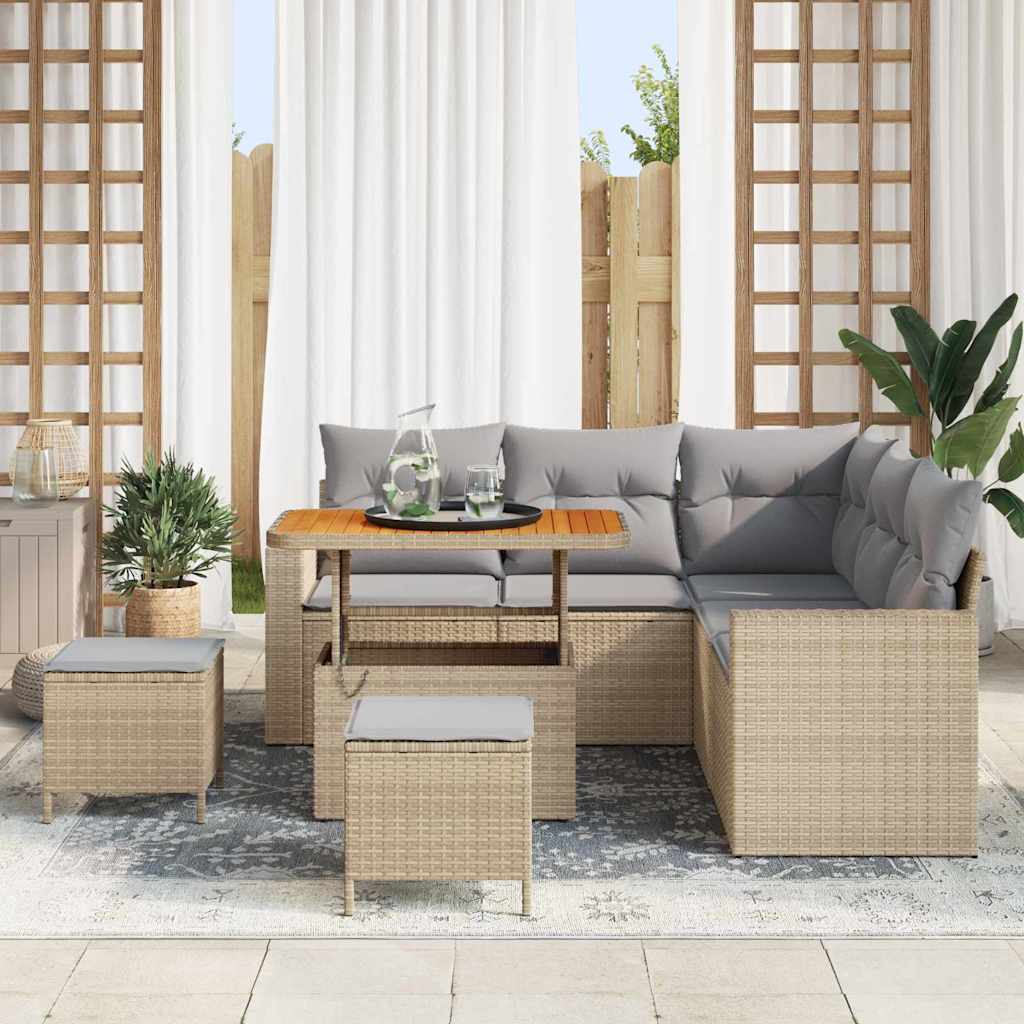 Havesofa Sæt med pude 9 pcs Beige og lys grå polyrattan