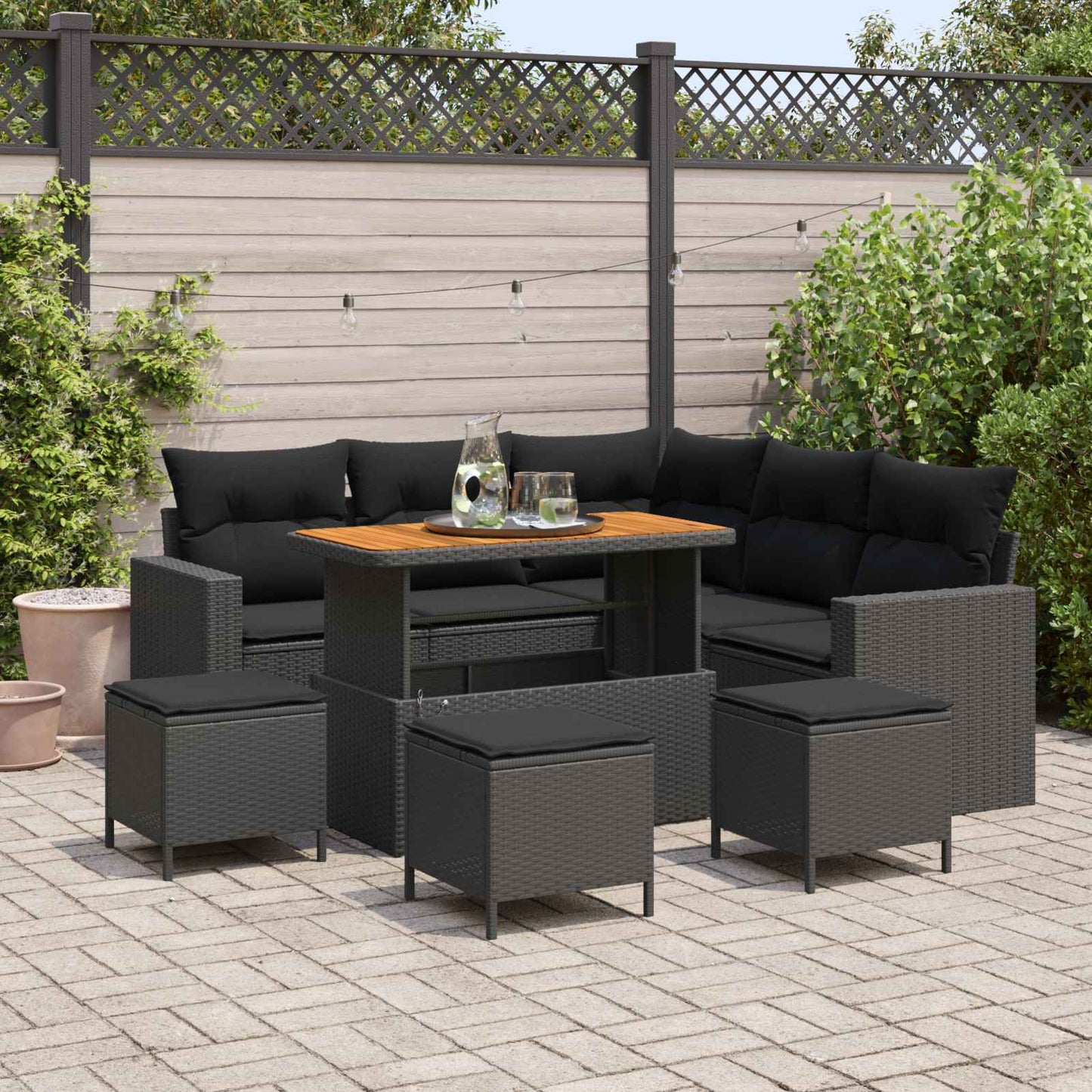 Havesofa Sæt med pude 10 pcs Sort polyrattan