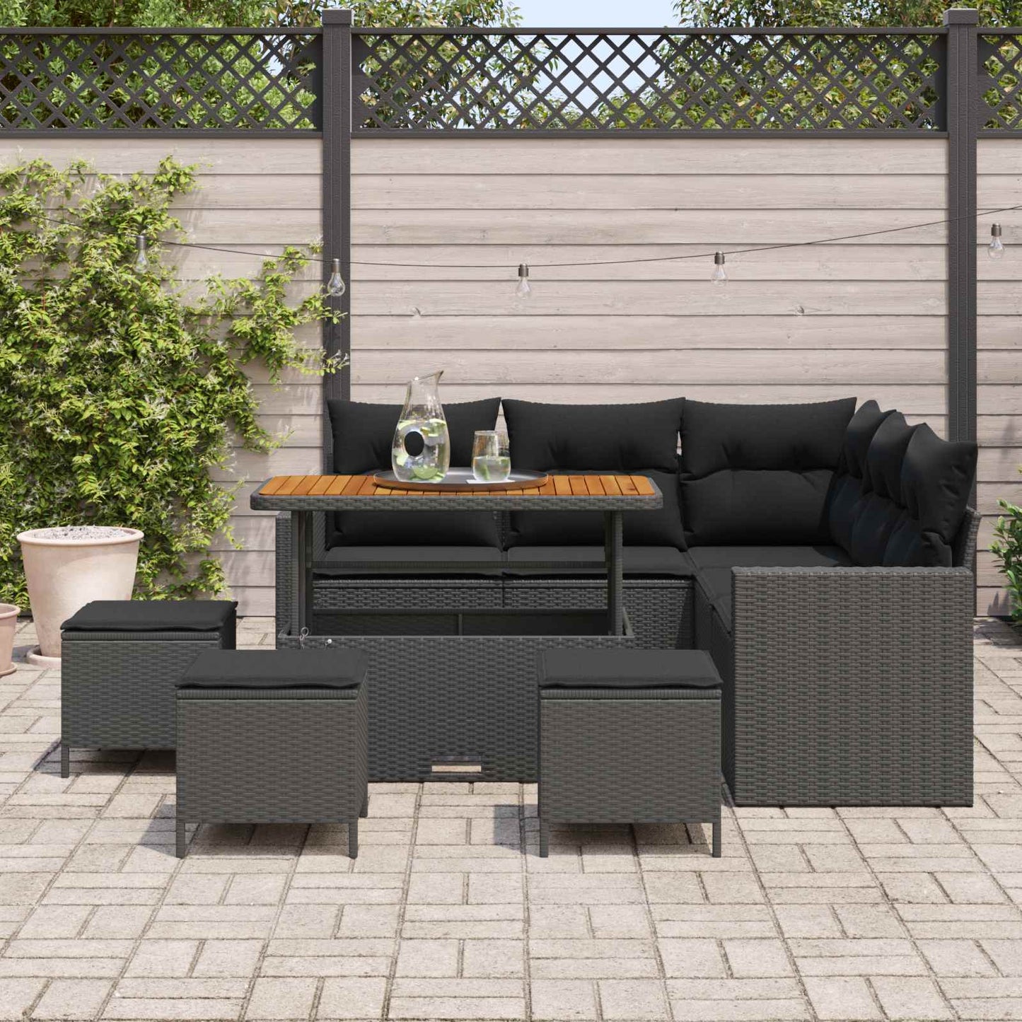 Havesofa Sæt med pude 10 pcs Sort polyrattan