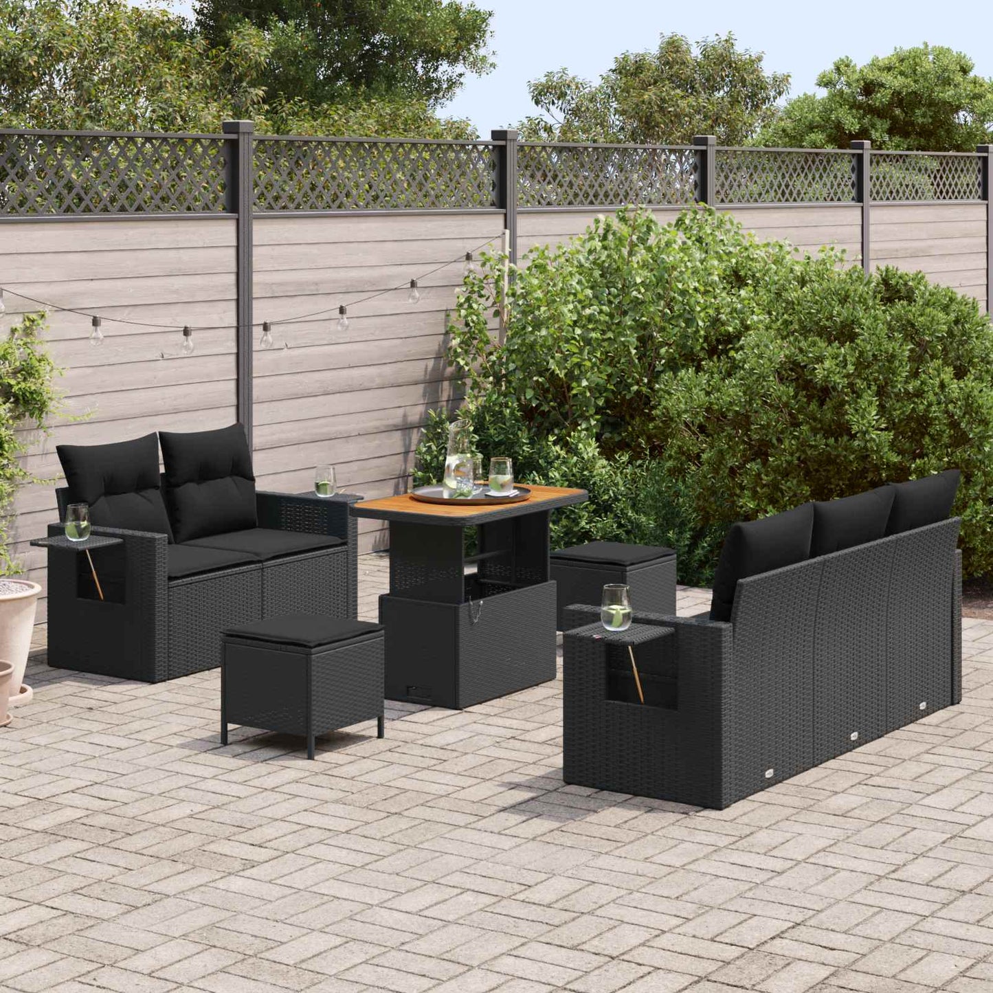 Havesofa Sæt med pude 10 pcs Sort polyrattan