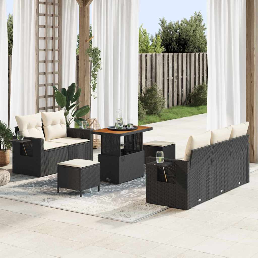 Havesofa Sæt med pude 10 pcs Sort og Cream polyrattan