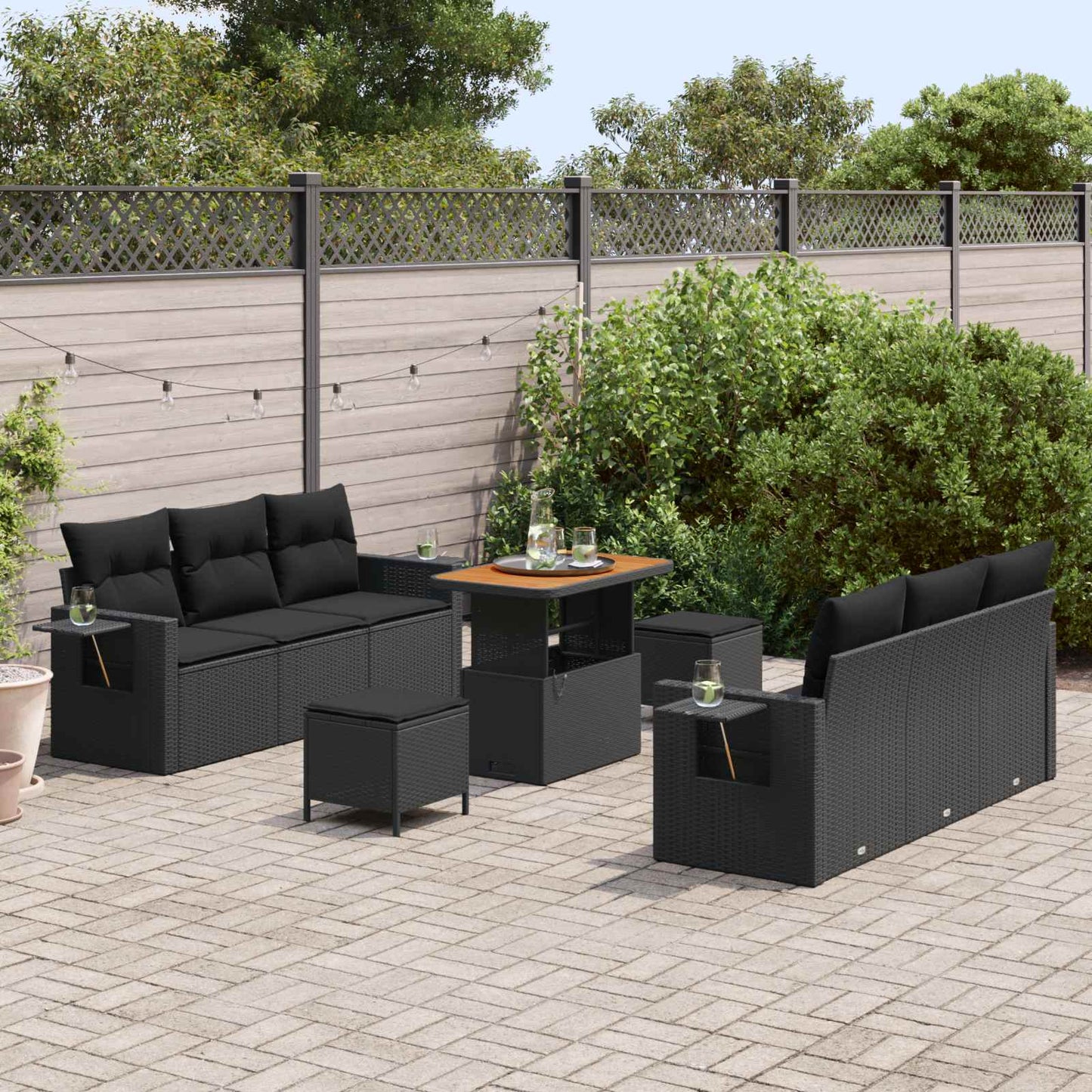 Havesofa Sæt 9 pcs Sort Polyrattan og pulverlakeret stål