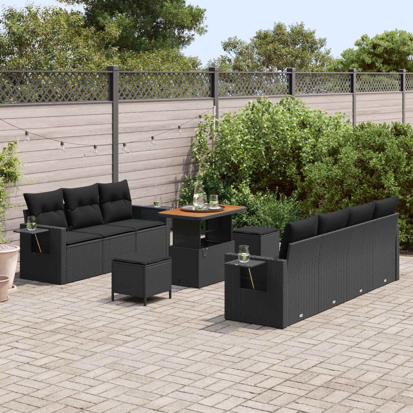Havesofa Sæt 10 pcs Sort Polyrattan og pulverlakeret stål