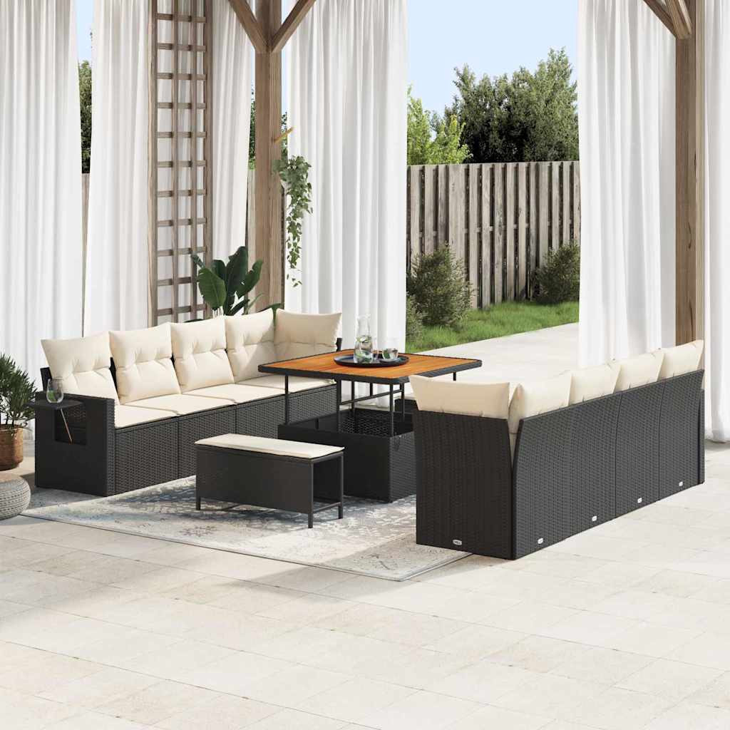 Havesofa Sæt med pude 11 pcs Sort og Cream polyrattan