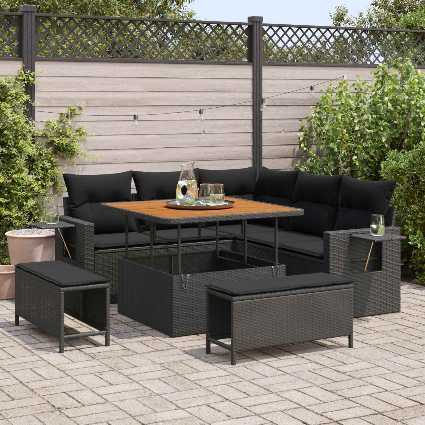 Havesofa Sæt med pude 9 pcs Sort polyrattan