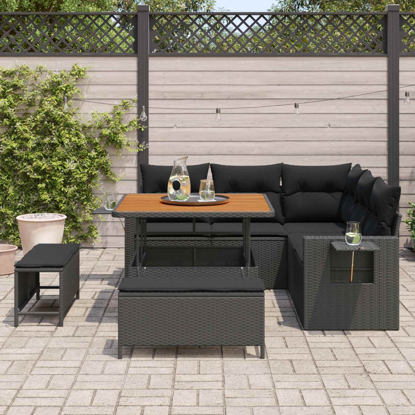 Havesofa Sæt med pude 9 pcs Sort polyrattan