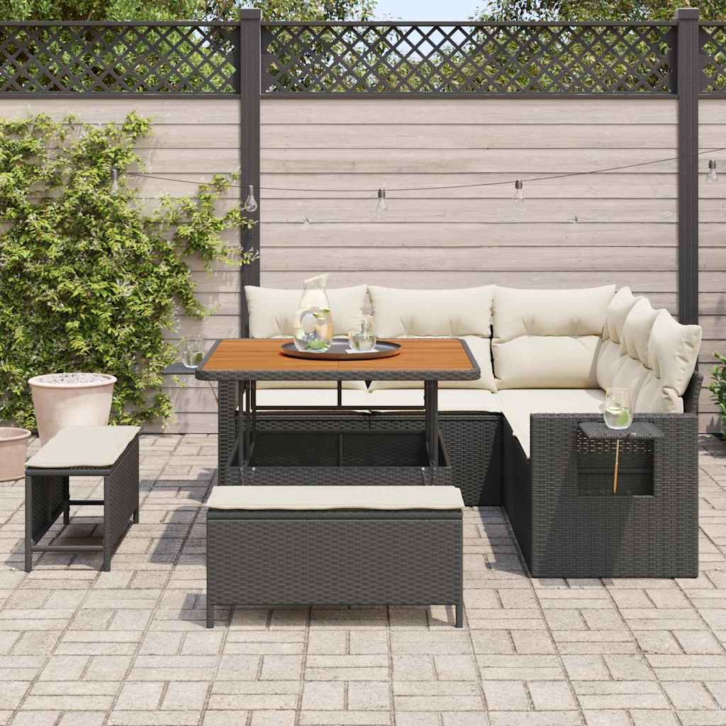 Havesofa Sæt med pude 9 pcs Sort og Cream polyrattan