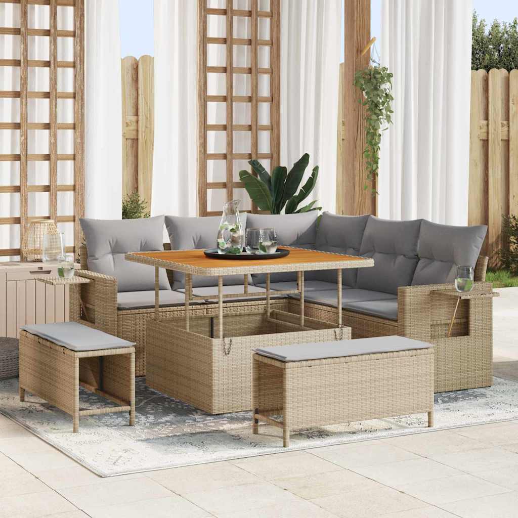 Havesofa Sæt med pude 9 pcs Beige og lys grå polyrattan