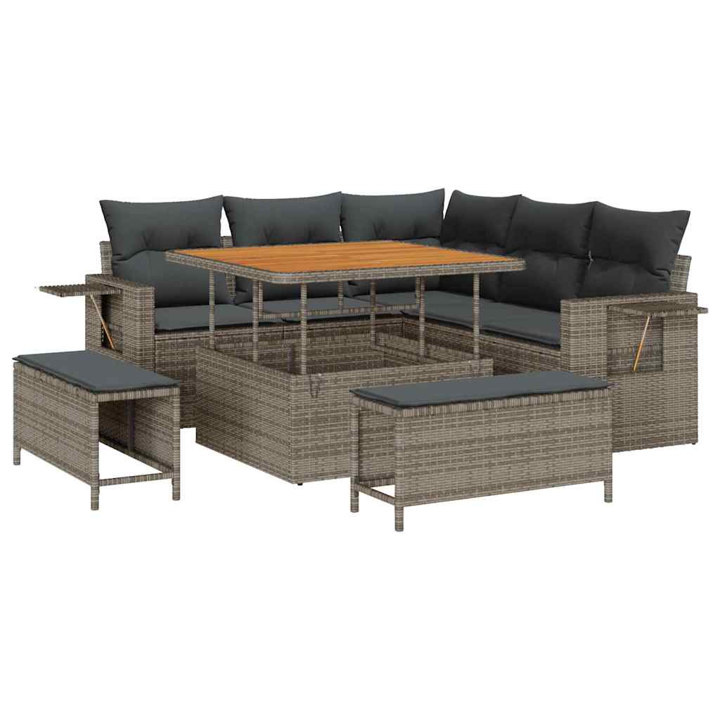 Havesofa Sæt med pude 9 pcs Grå polyrattan