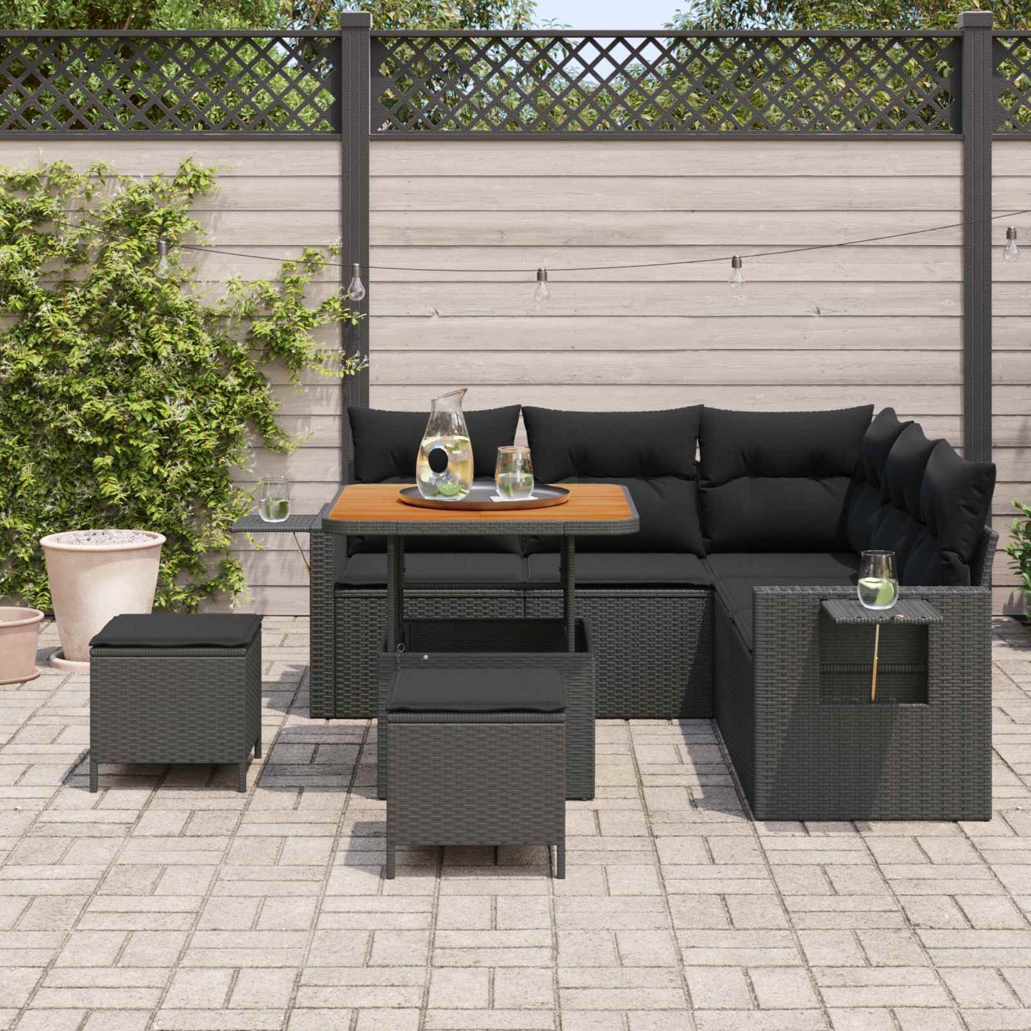 Havesofa Sæt med pude 9 pcs Sort polyrattan