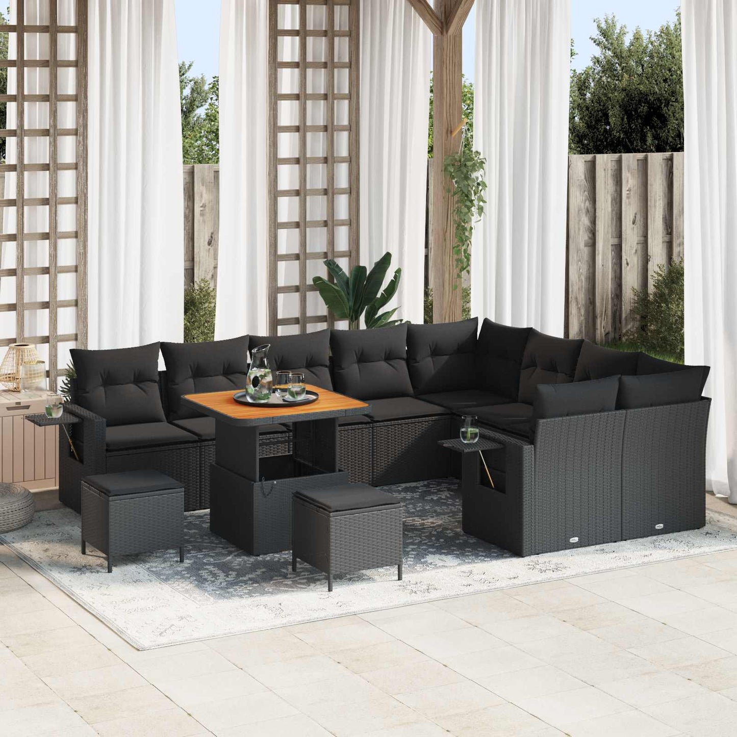 Havesofa Sæt med pude 12 pcs Sort polyrattan