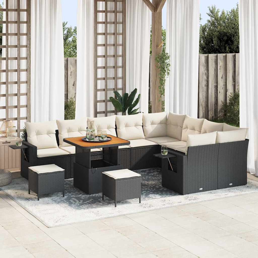 Havesofa Sæt med pude 12 pcs Sort og Cream polyrattan