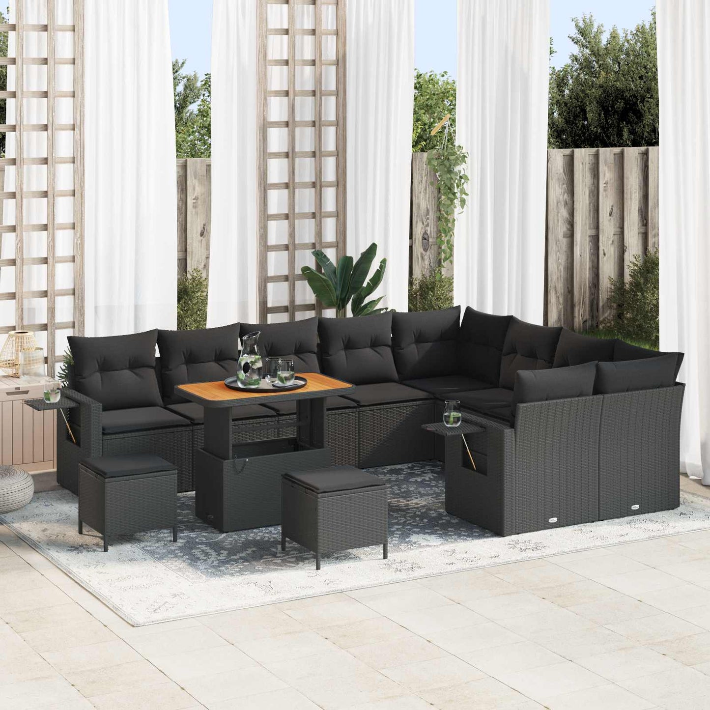 Havesofa Sæt med pude 12 pcs Sort polyrattan