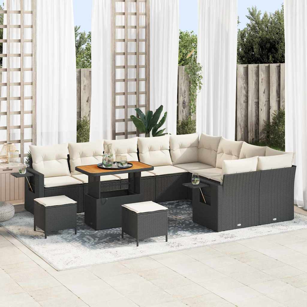 Havesofa Sæt med pude 12 pcs Sort og Cream polyrattan