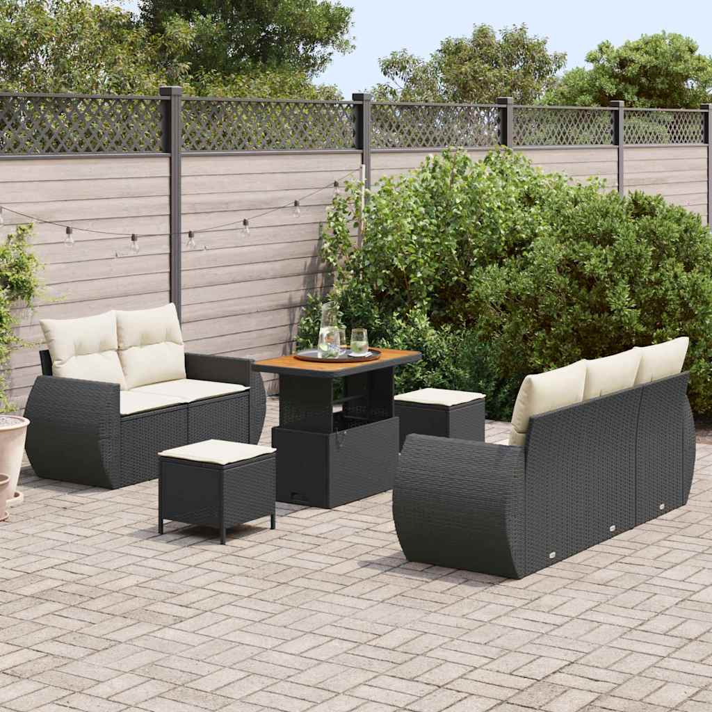 Havesofa Sæt med pude med pude 8 pcs Sort og Cream polyrattan