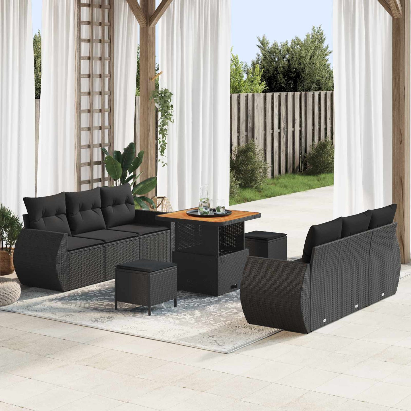 Havesofa Sæt med pude med opbevaring 9 pcs Sort polyrattan
