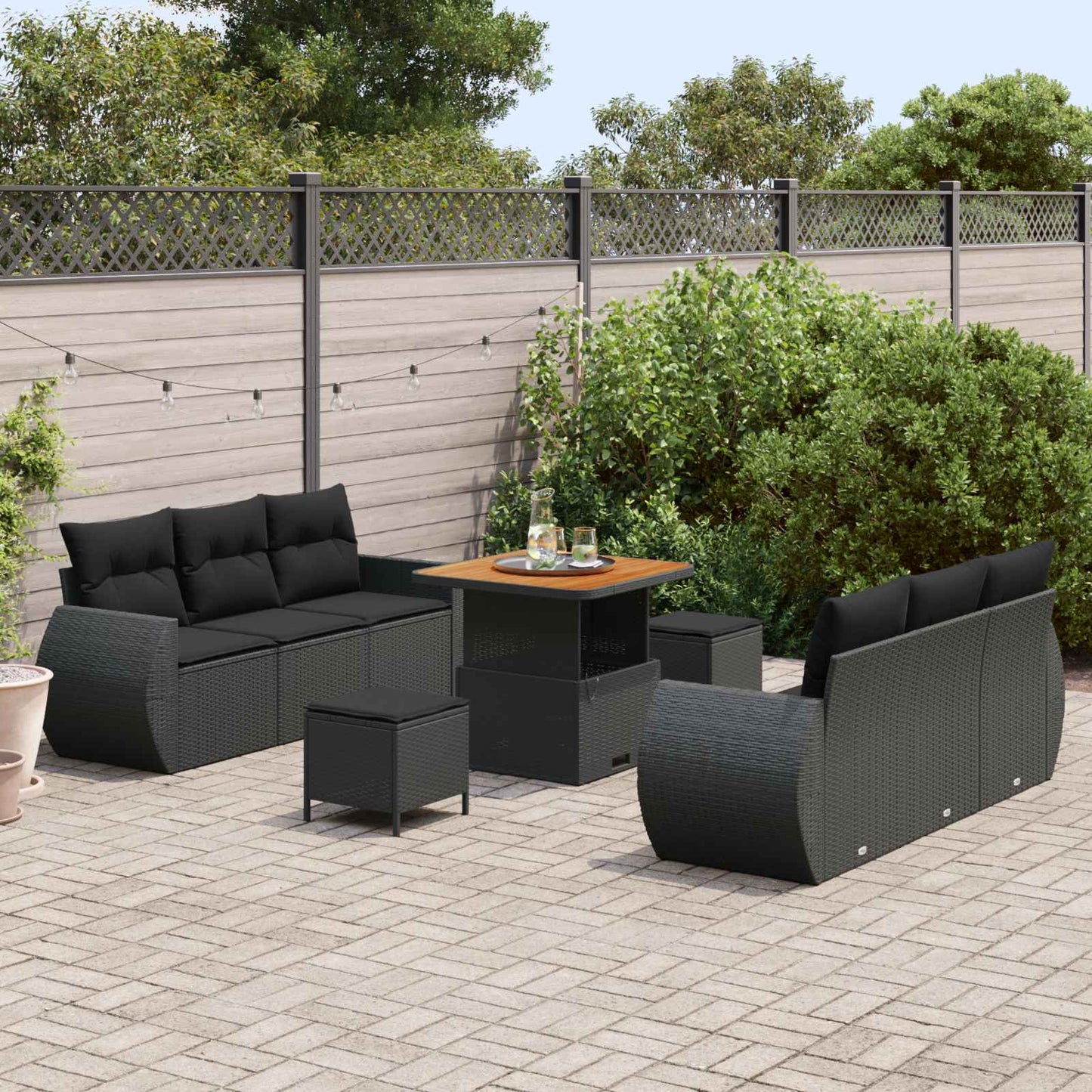 Havesofa Sæt med pude med opbevaring 9 pcs Sort polyrattan