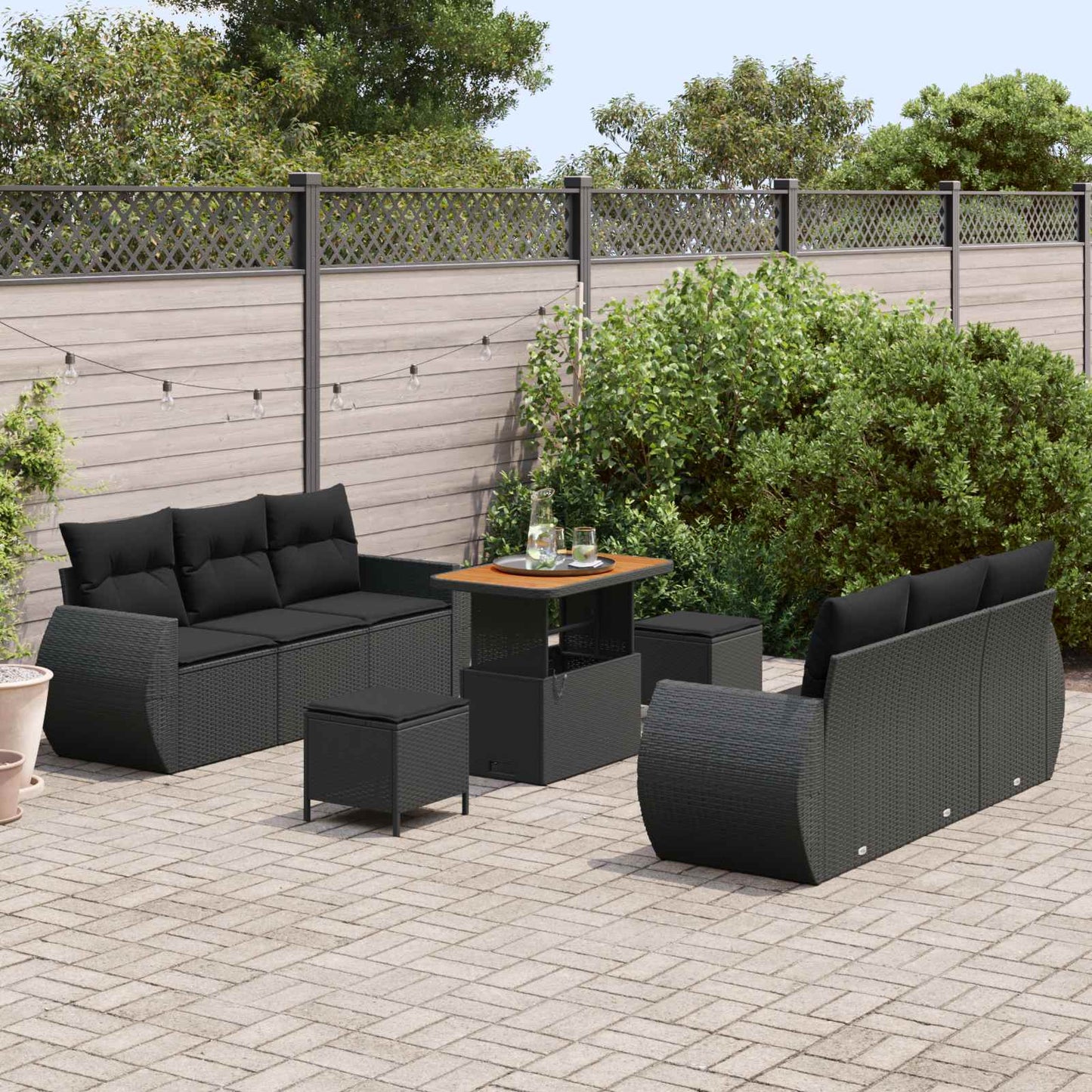 Havesofa Sæt med pude med opbevaring 9 pcs Sort polyrattan