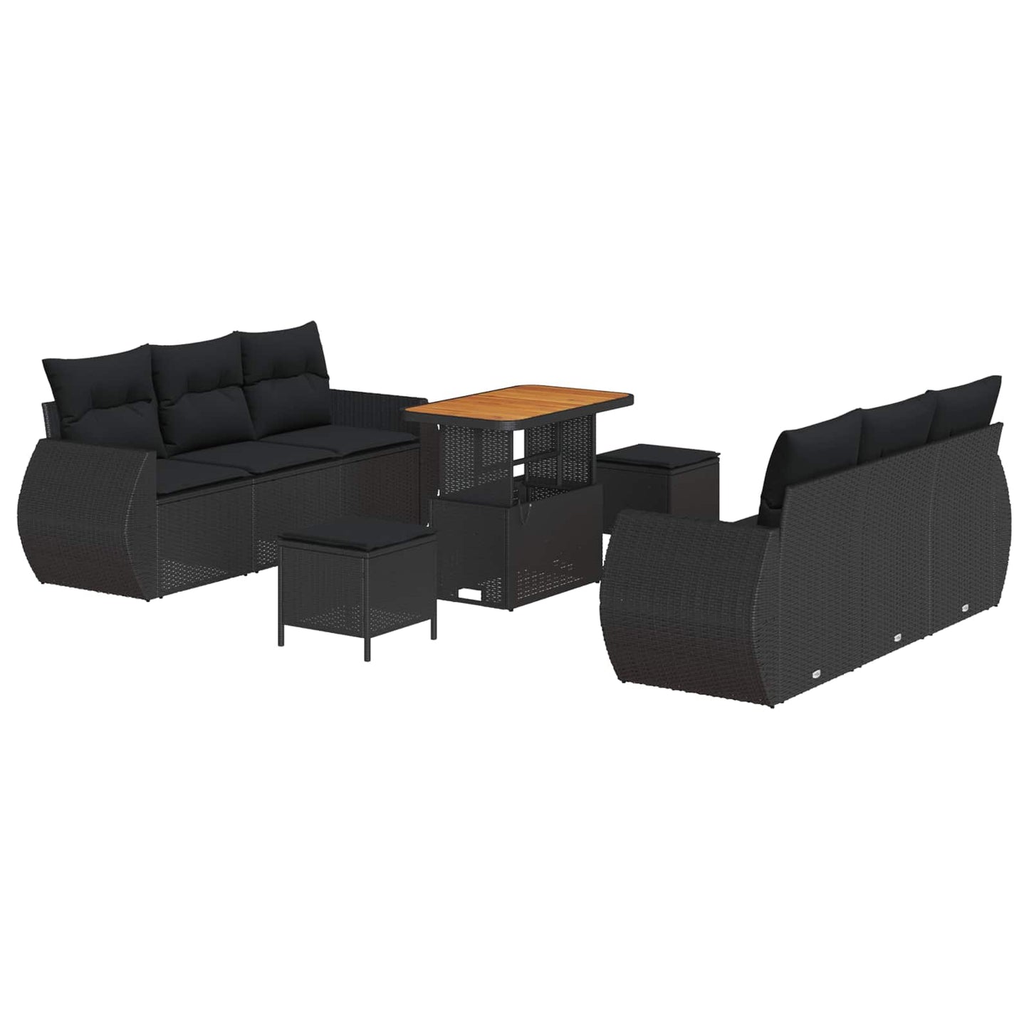 Havesofa Sæt med pude med opbevaring 9 pcs Sort polyrattan