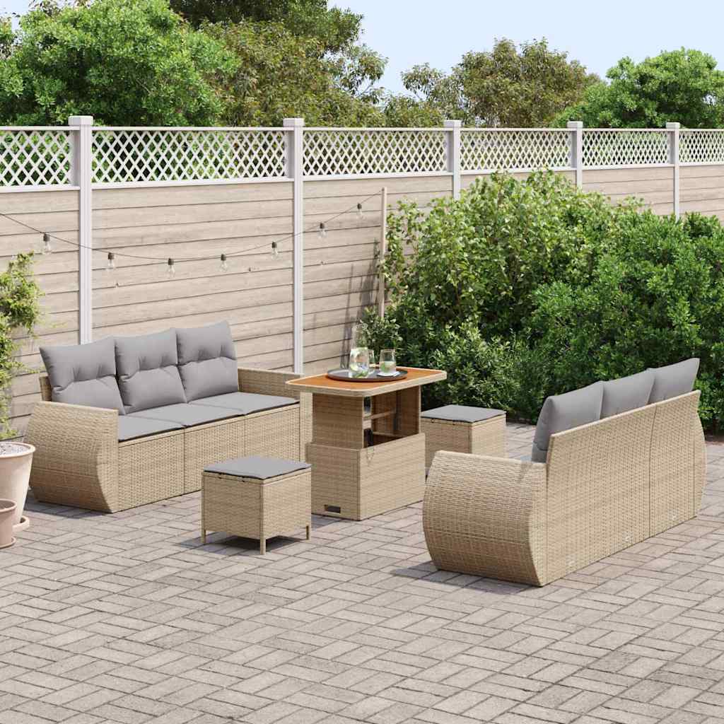Havesofa Sæt med pude 9 pcs Beige og lys grå polyrattan