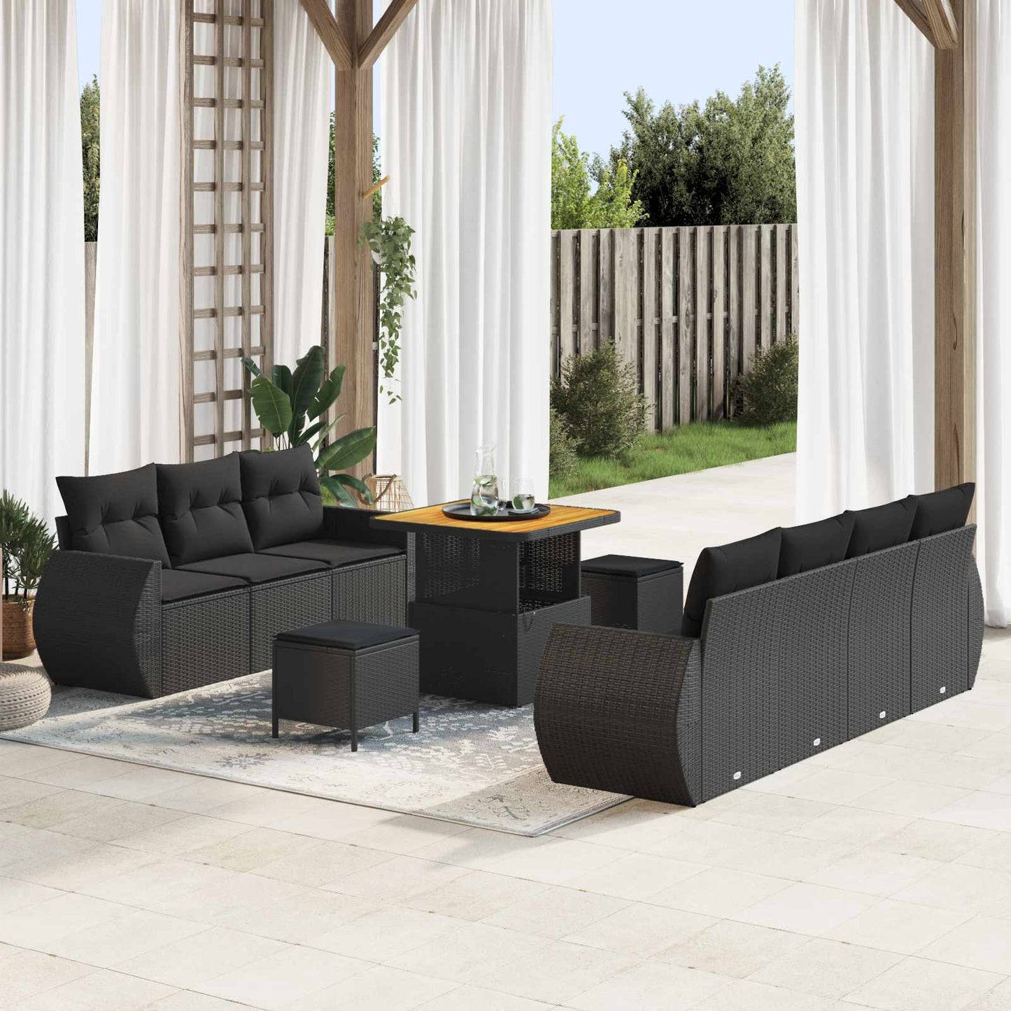 Havesofa Sæt med pude med opbevaring 10 pcs Sort polyrattan