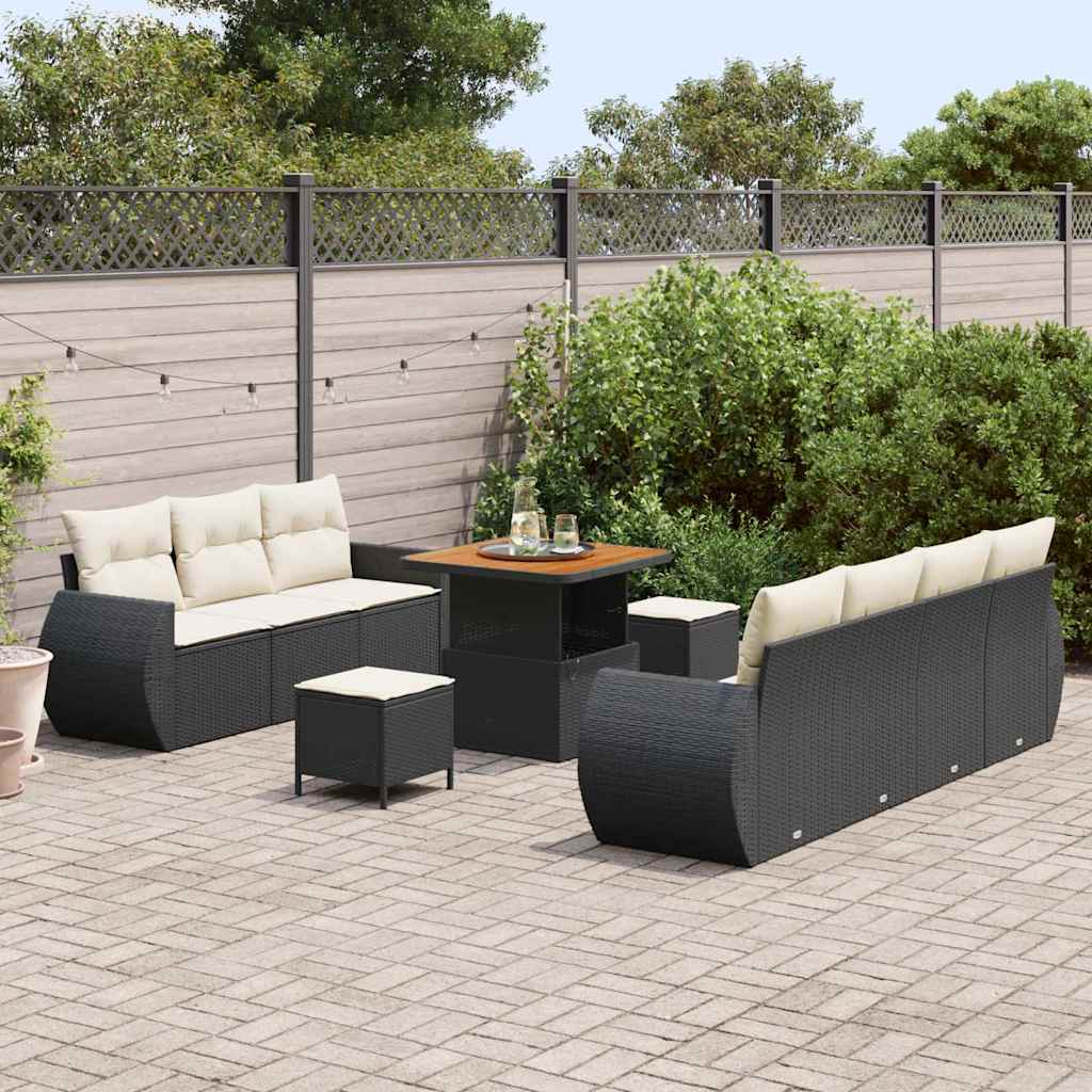Havesofa Sæt med pude med pude 10 pcs Sort og Cream polyrattan