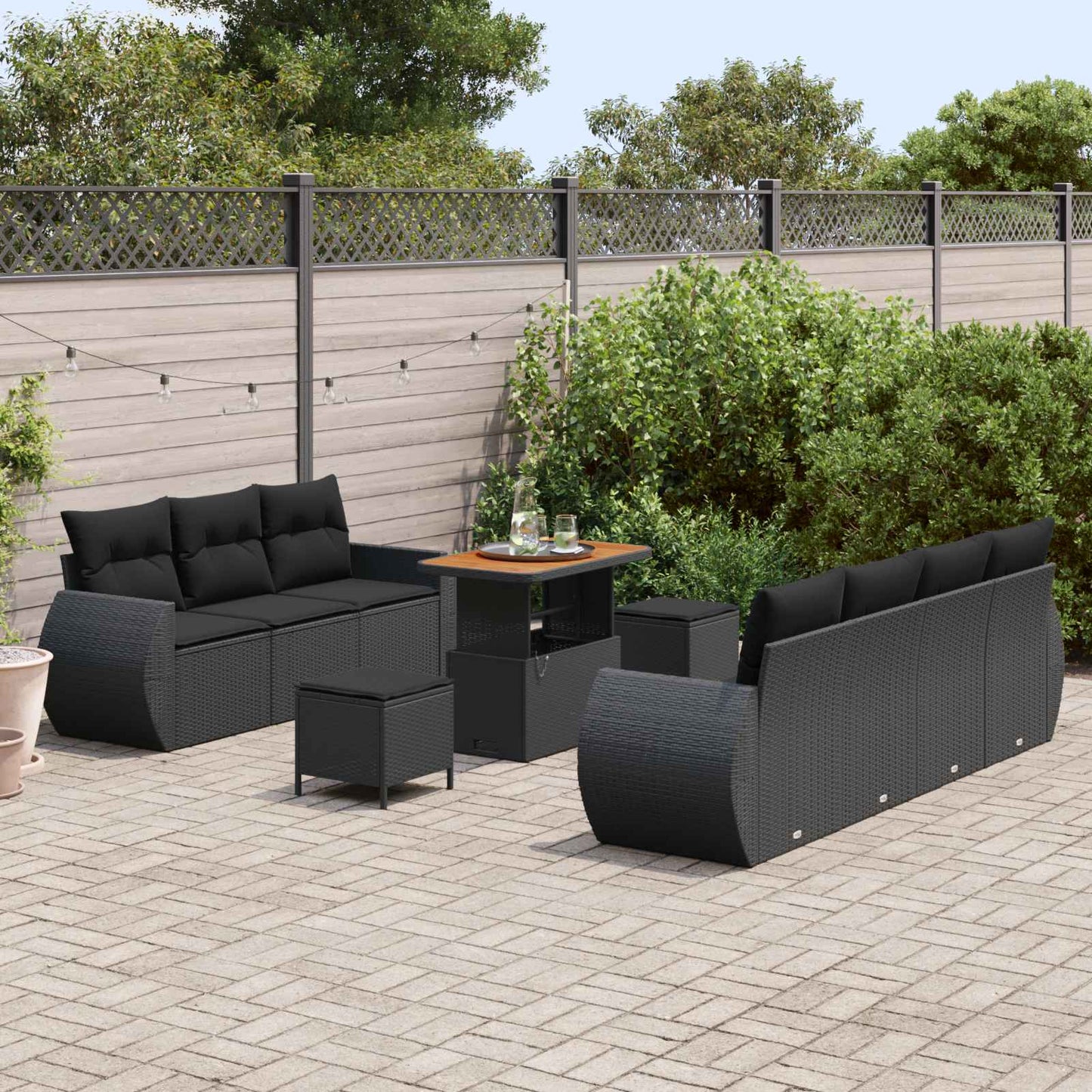Havesofa Sæt med pude med opbevaring 10 pcs Sort polyrattan