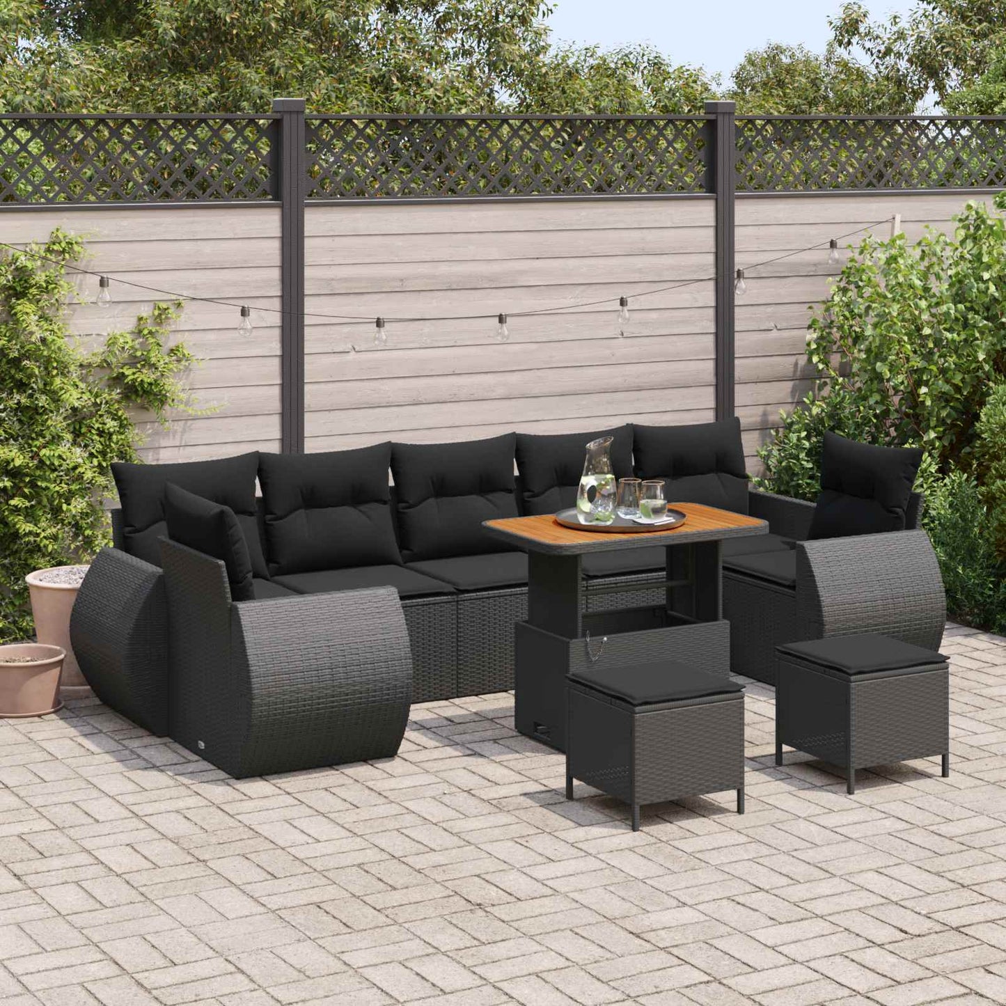 Havesofa Sæt 10 pcs Sort Polyrattan og pulverlakeret stål