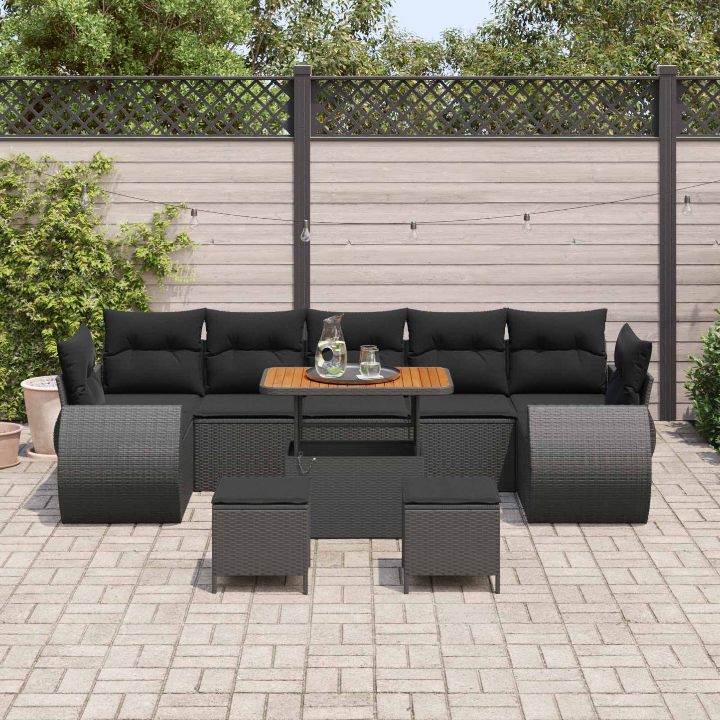 Havesofa Sæt 10 pcs Sort Polyrattan og pulverlakeret stål