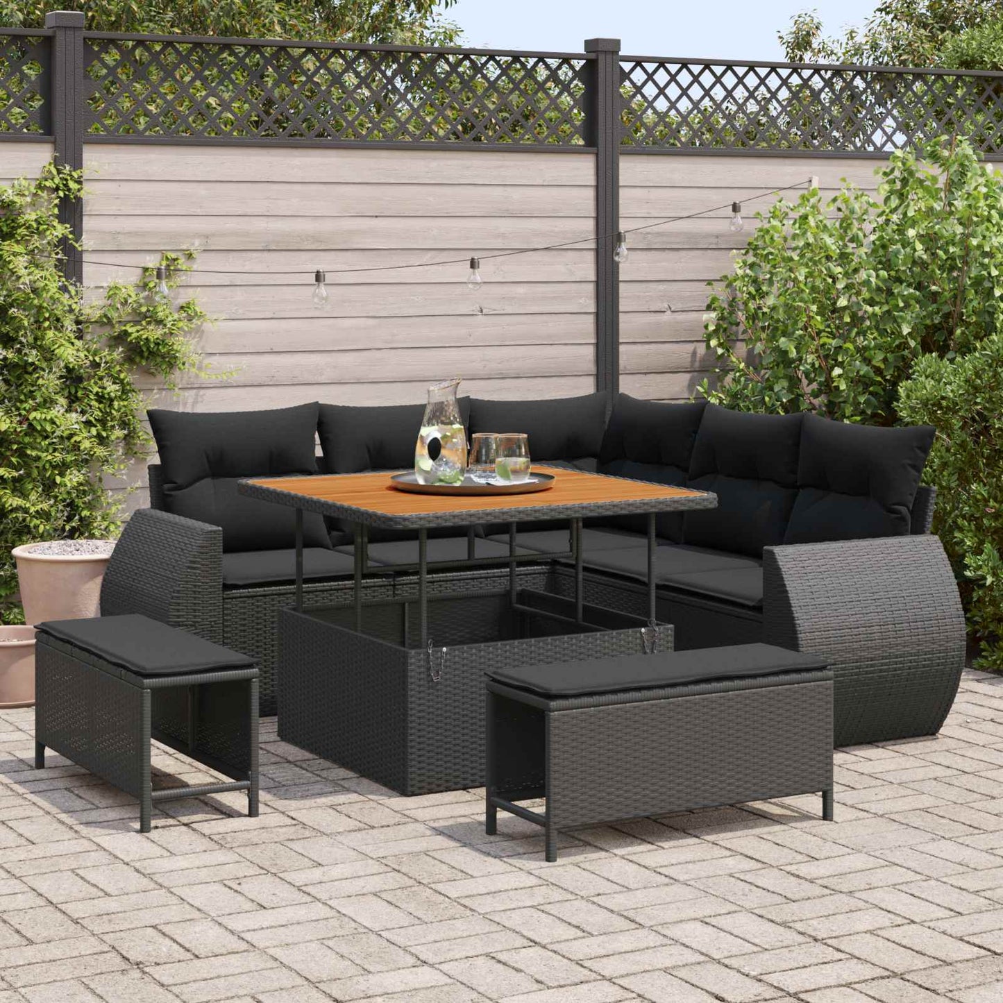 Havesofa Sæt med pude med opbevaring 8 pcs Sort polyrattan