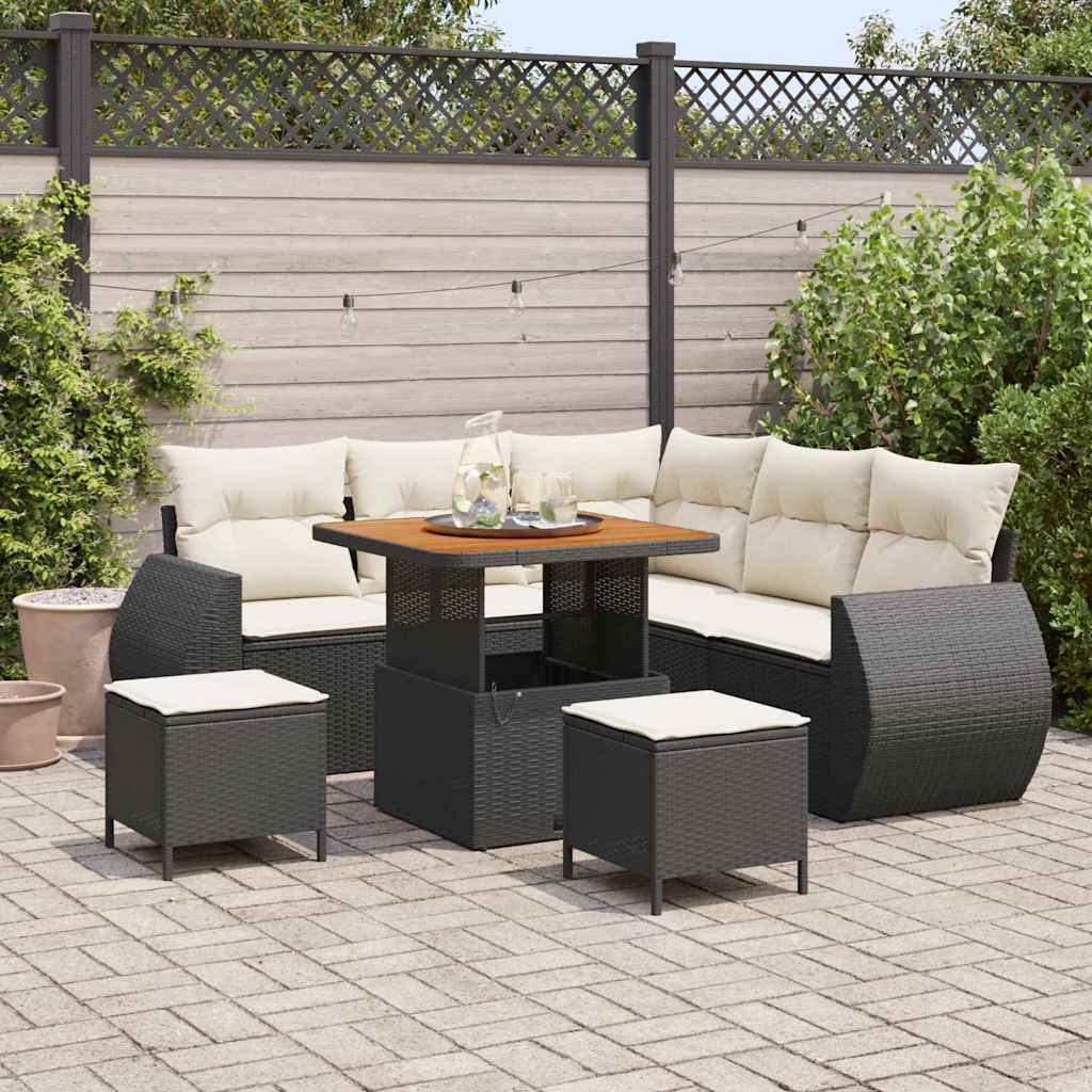 Havesofa Sæt med pude med pude 8 pcs Sort og Cream polyrattan
