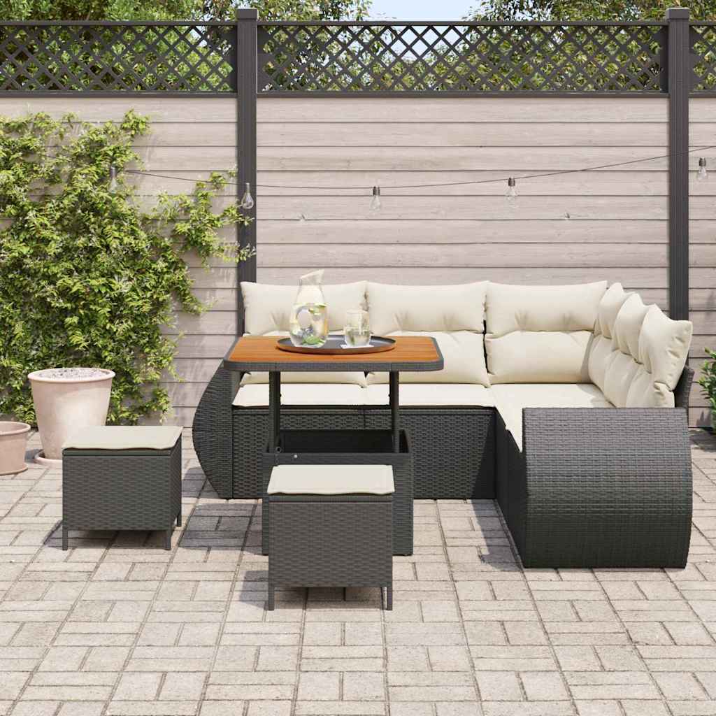 Havesofa Sæt med pude med pude 8 pcs Sort og Cream polyrattan