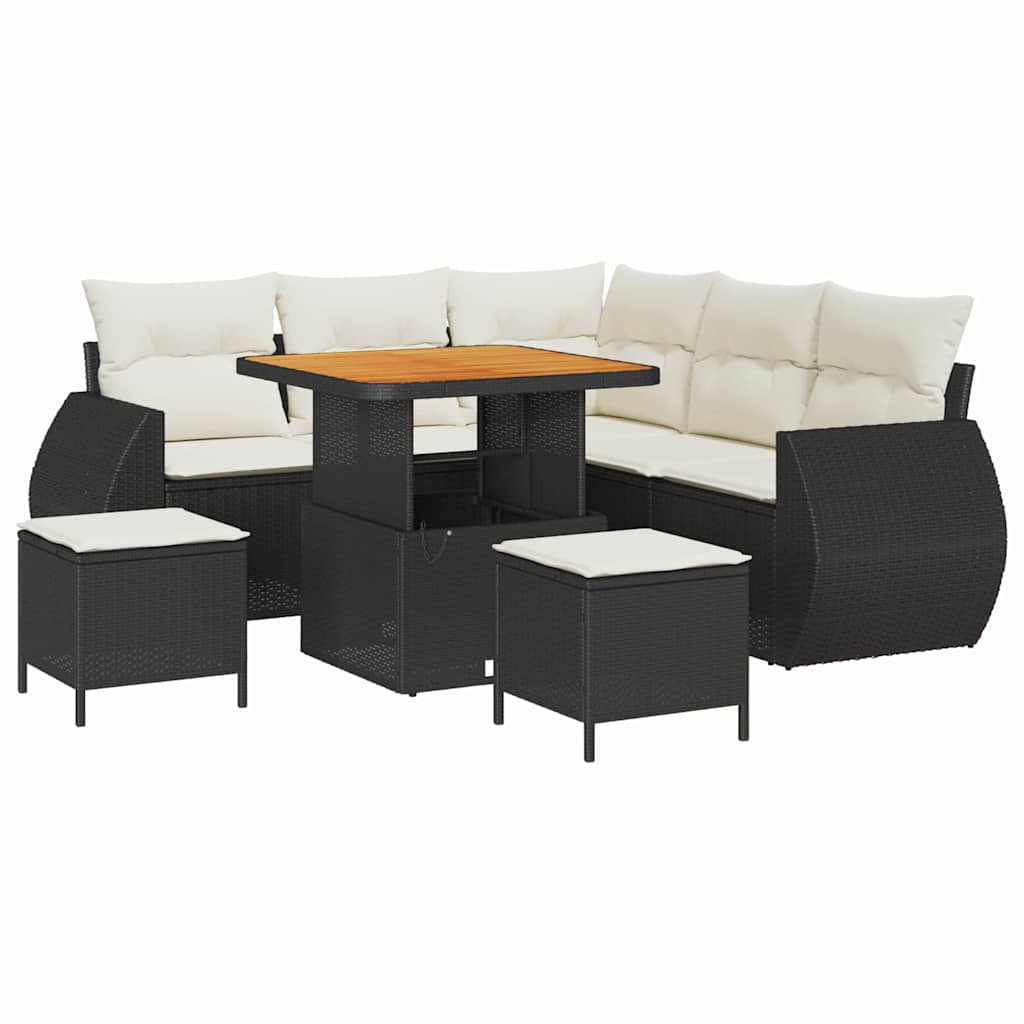 Havesofa Sæt med pude med pude 8 pcs Sort og Cream polyrattan