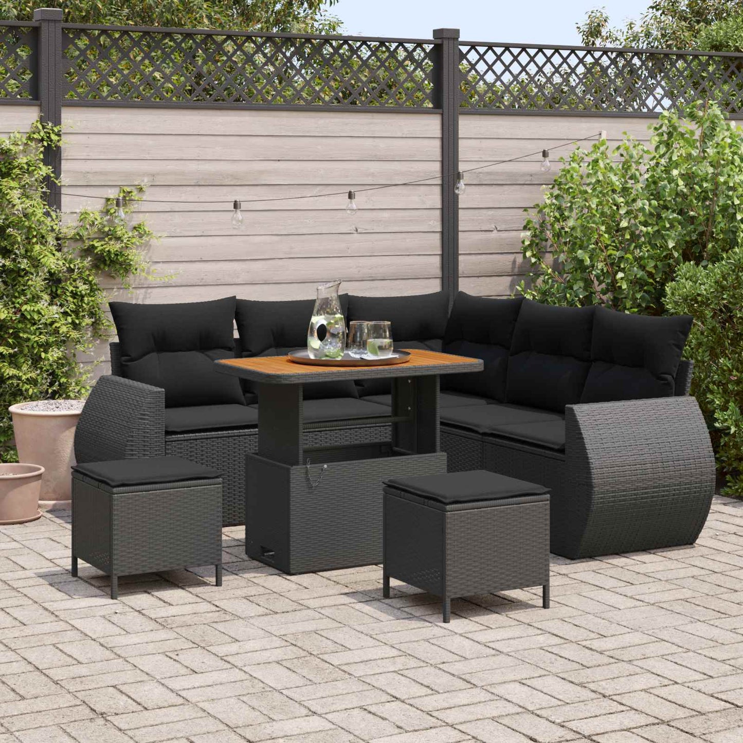 Havesofa Sæt med pude med opbevaring 8 pcs Sort polyrattan
