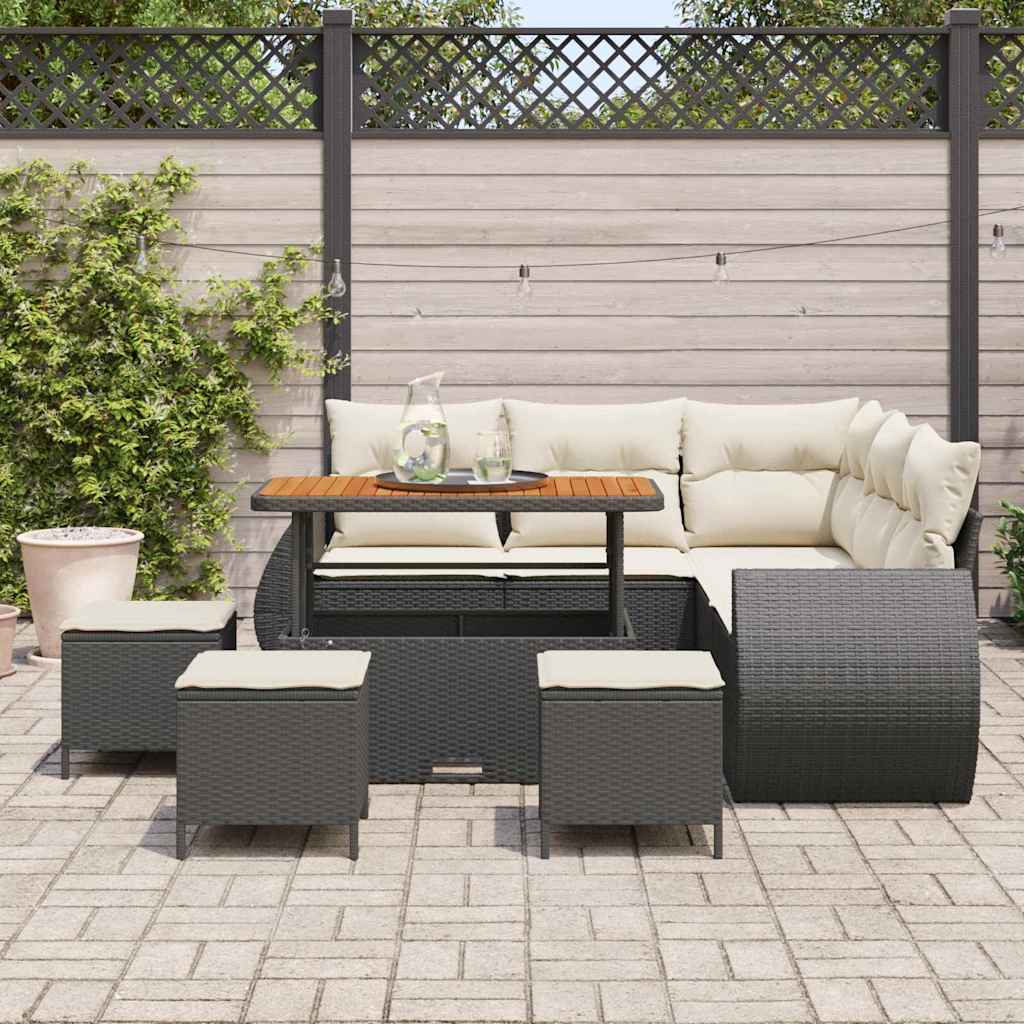 Havesofa Sæt med pude med pude 9 pcs Sort og Cream polyrattan