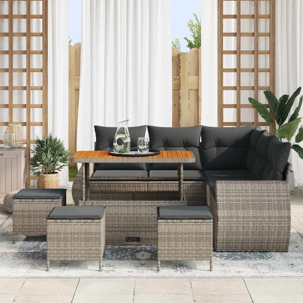 Havesofa Sæt med pude med opbevaring 9 pcs Grå polyrattan