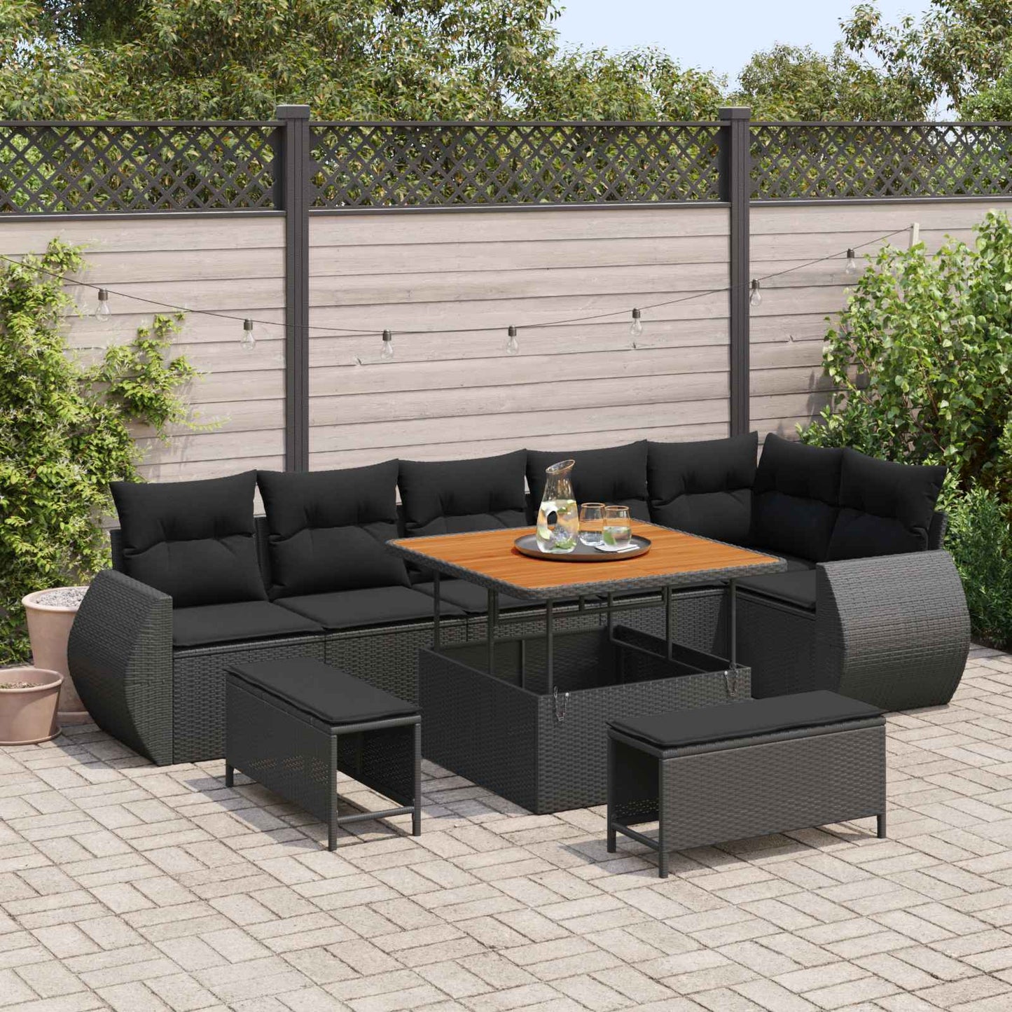 Havesofa Sæt med pude med opbevaring 9 pcs Sort Poly Rattan