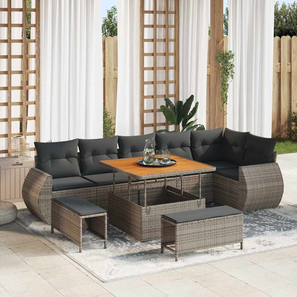 Havesofa Sæt med pude med opbevaring 9 pcs Grå Poly Rattan