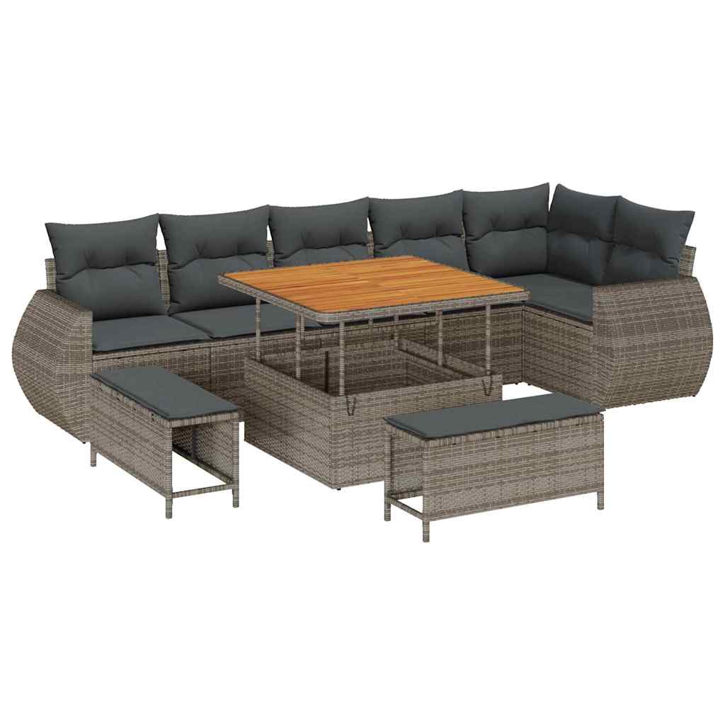 Havesofa Sæt med pude med opbevaring 9 pcs Grå Poly Rattan