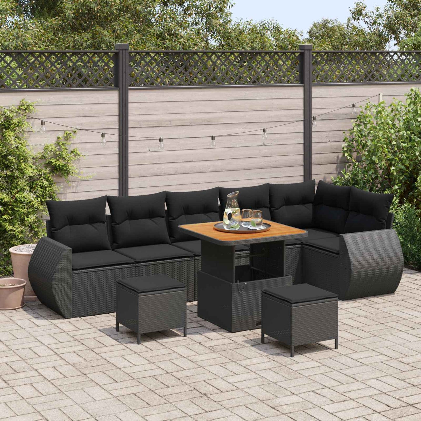 Havesofa Sæt med pude med opbevaring 9 pcs Sort Poly Rattan