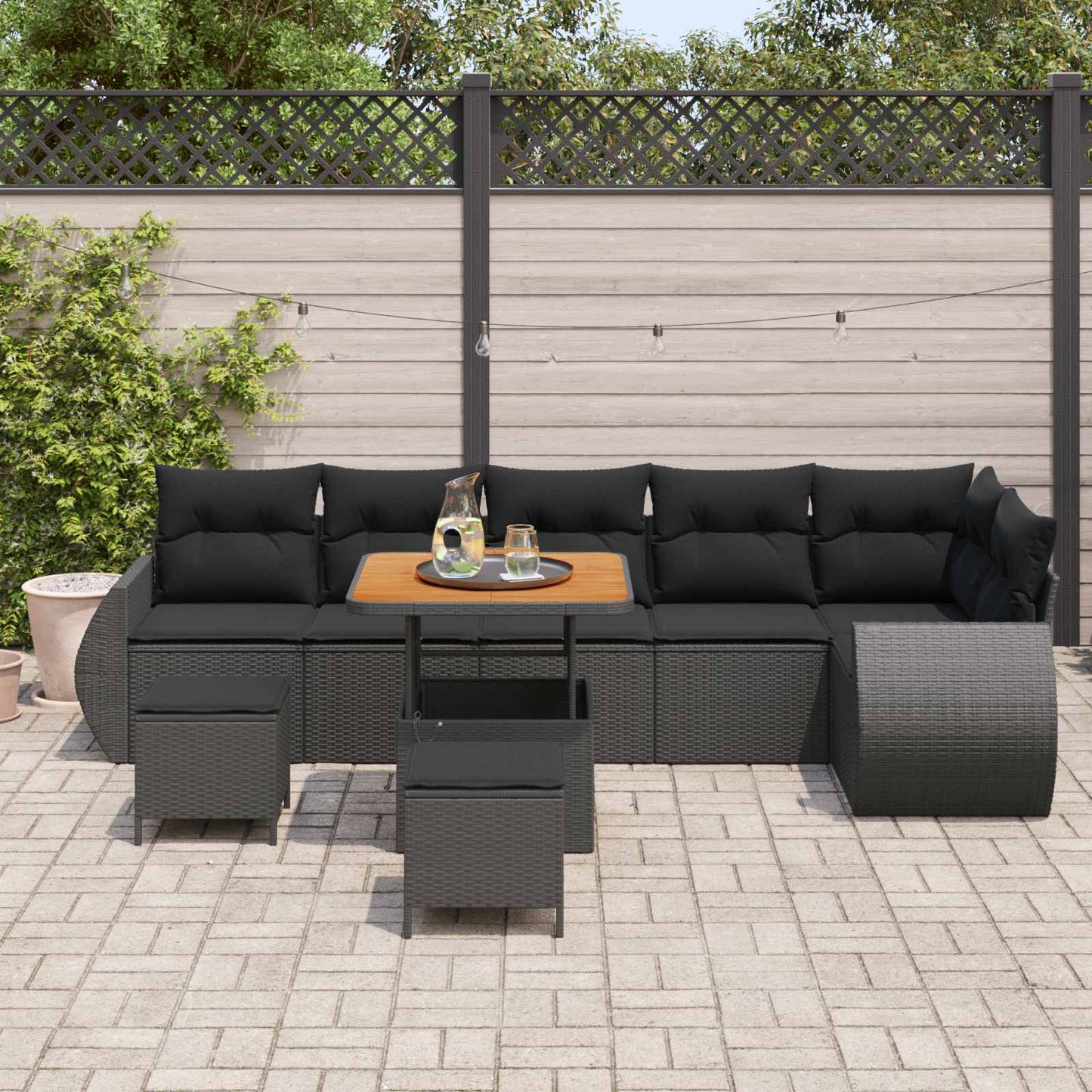 Havesofa Sæt med pude med opbevaring 9 pcs Sort Poly Rattan