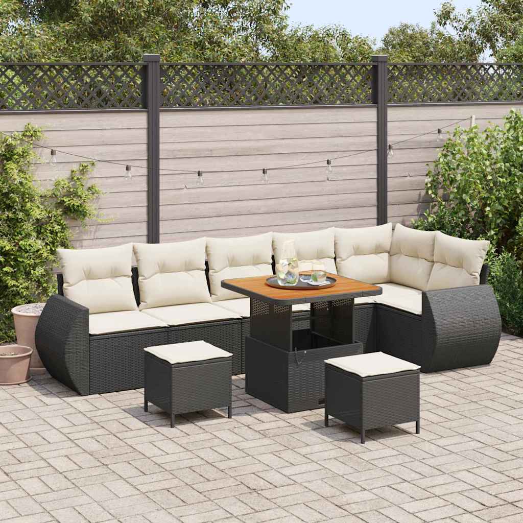 Havesofa Sæt med pude med pude 9 pcs Sort og Cream Poly Rattan